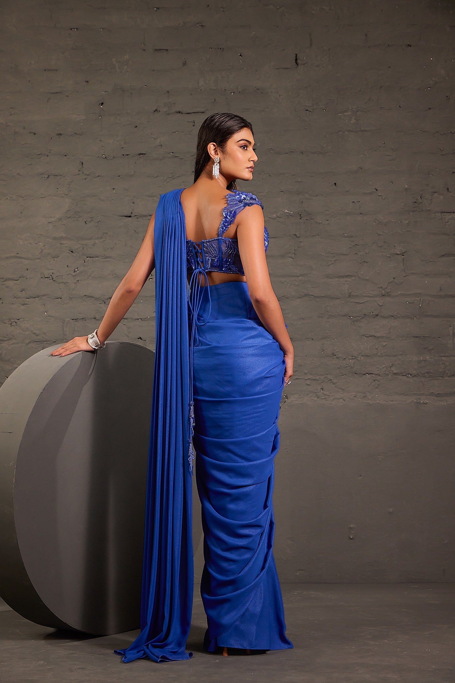Royal Blue Metallic Drape Saree Set With Cutwork Corset Blouse