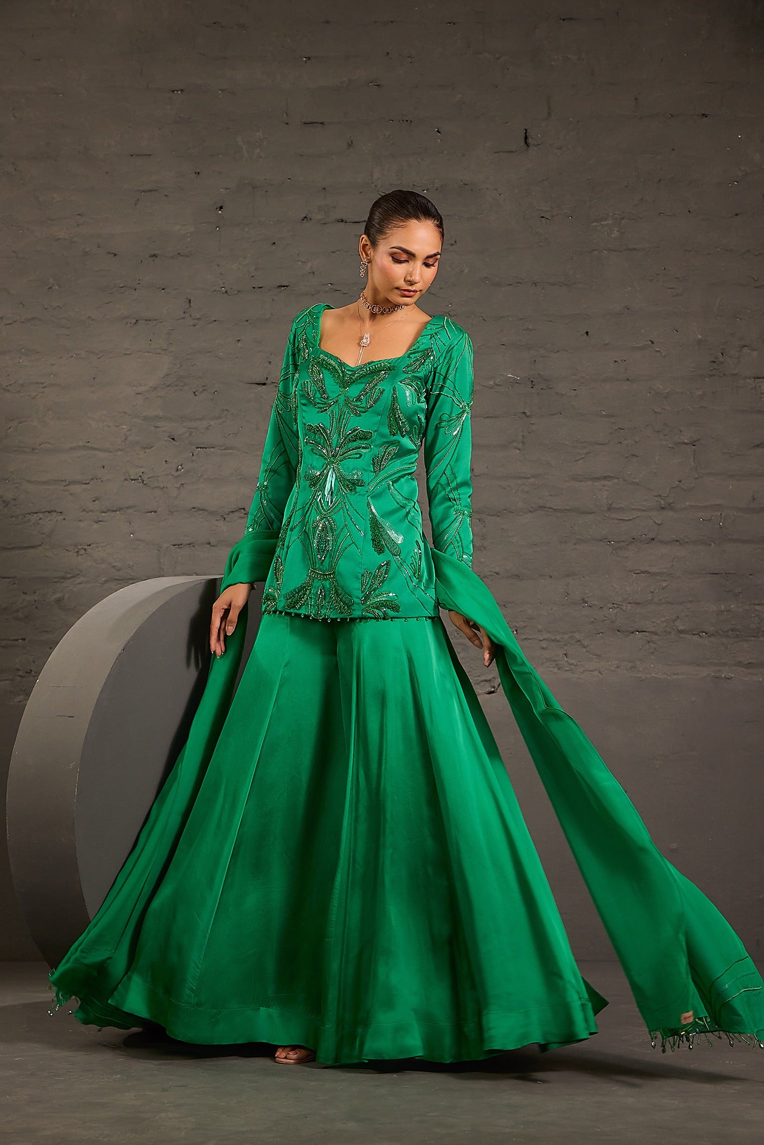 Emerald Green Embroidered Sharara Set