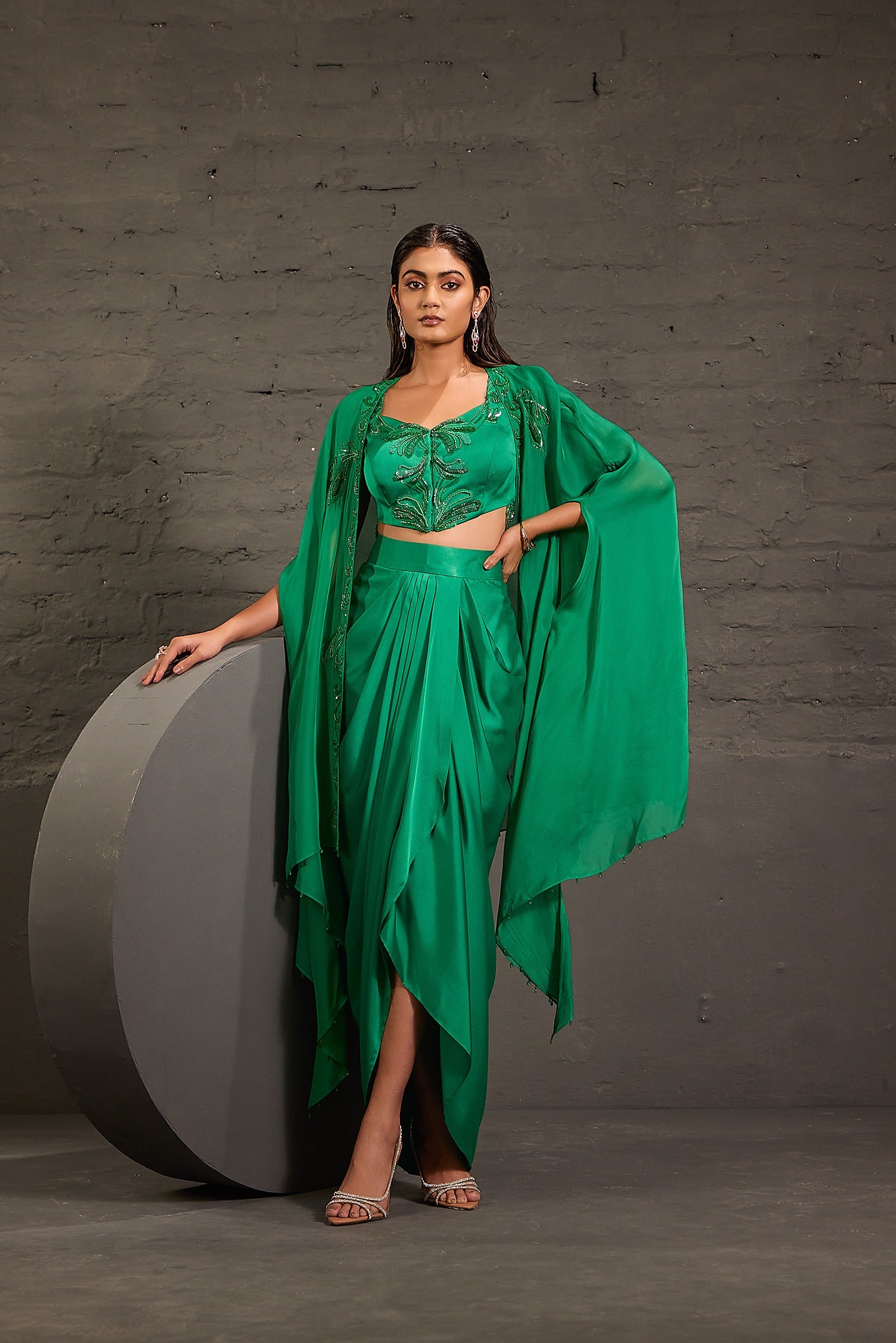Emarald Green Cape With Asymmetric Drape Skirt And Waistcoat Set