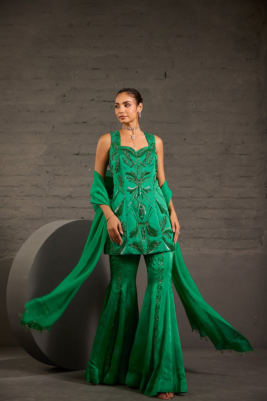 Hand Embroidered Emerald Green Short Tunic With Sharara & Dupatta Set