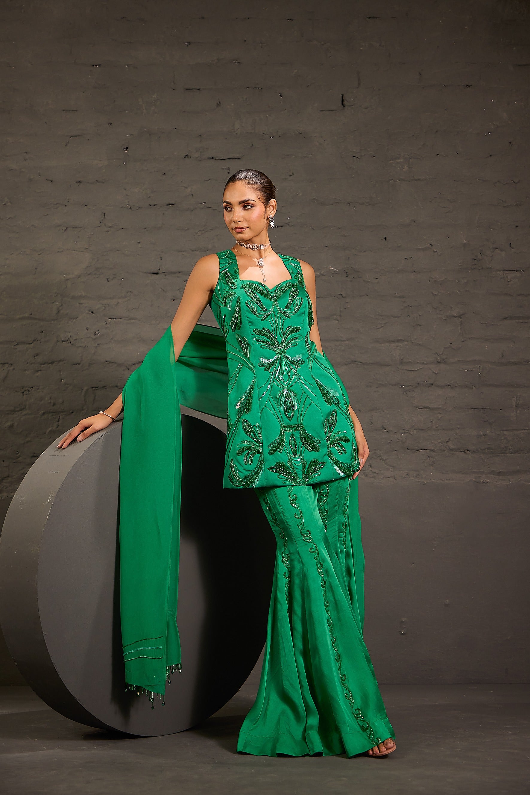 Hand Embroidered Emerald Green Short Tunic With Sharara & Dupatta Set