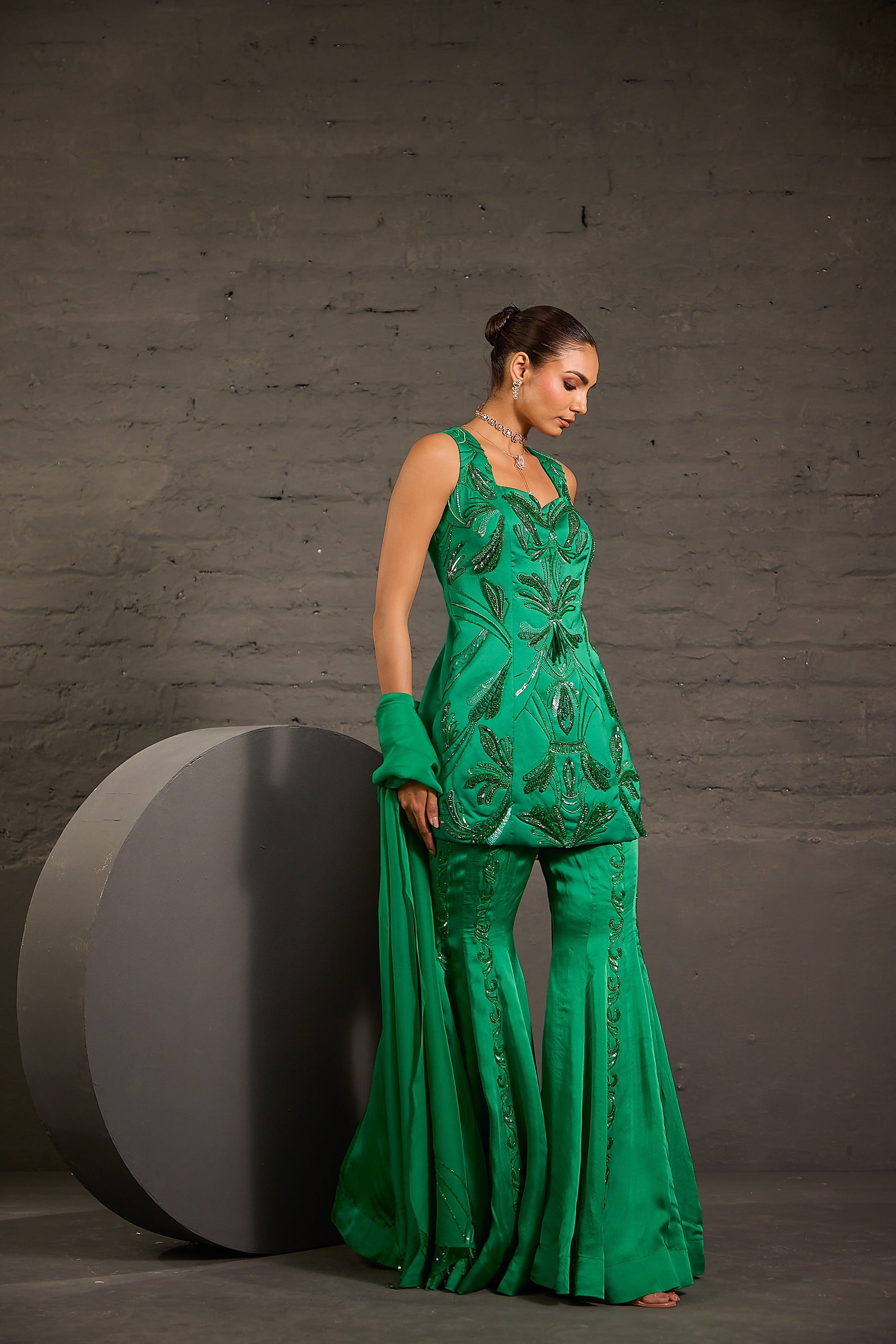 Hand Embroidered Emerald Green Short Tunic With Sharara & Dupatta Set