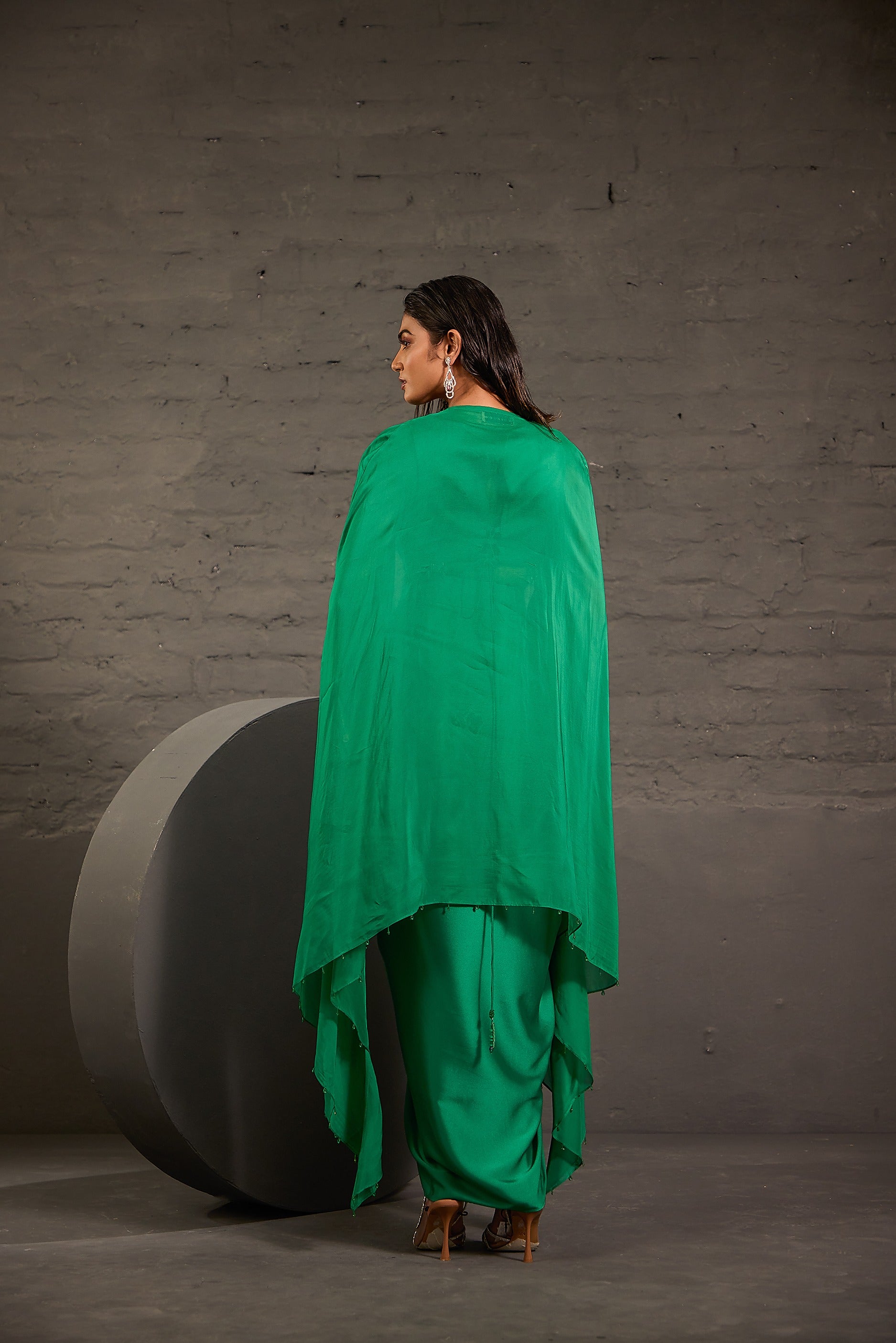 Emarald Green Cape With Asymmetric Drape Skirt And Waistcoat Set