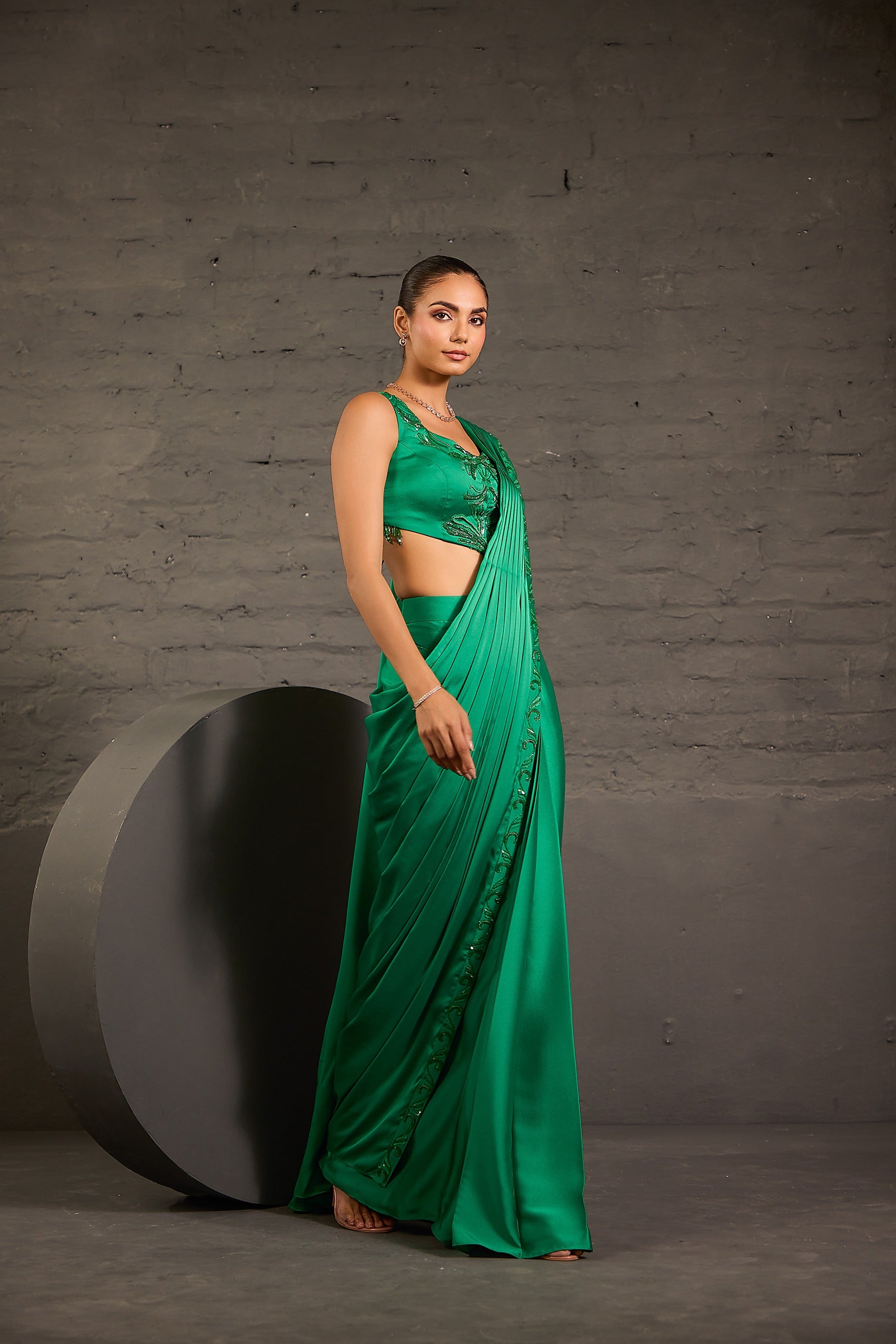 Emerald Green Waistcoat & Drape Saree