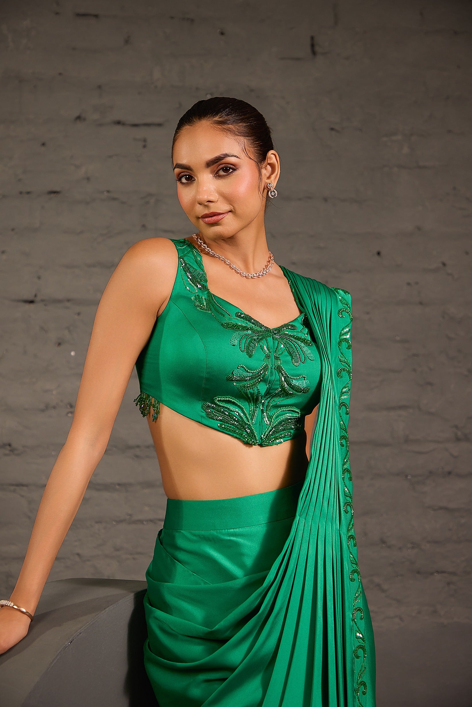 Emerald Green Waistcoat & Drape Saree