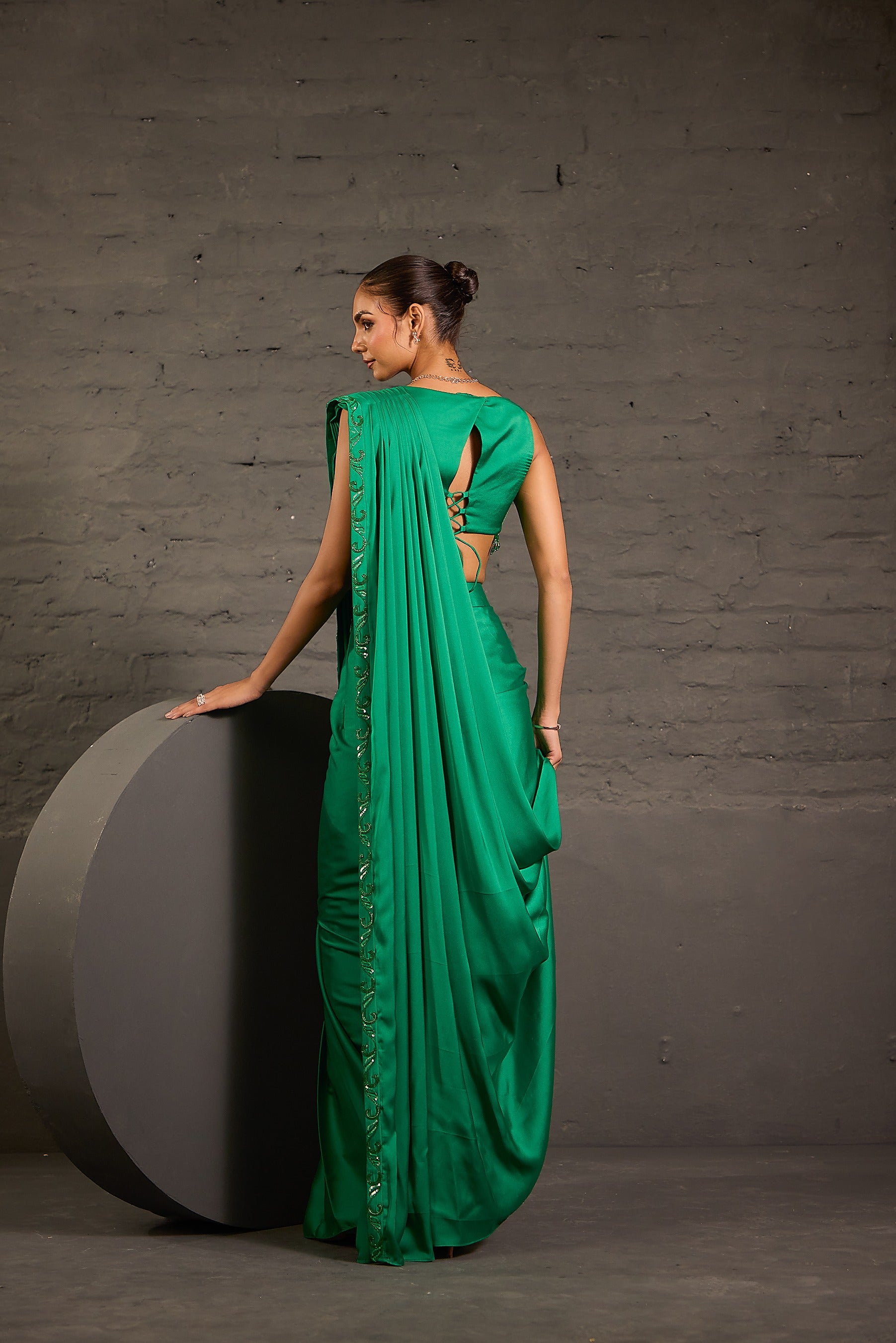 Emerald Green Waistcoat & Drape Saree