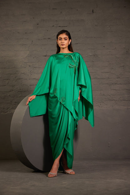 Emerald Green Flowy Kaftaan With Drape Skirt