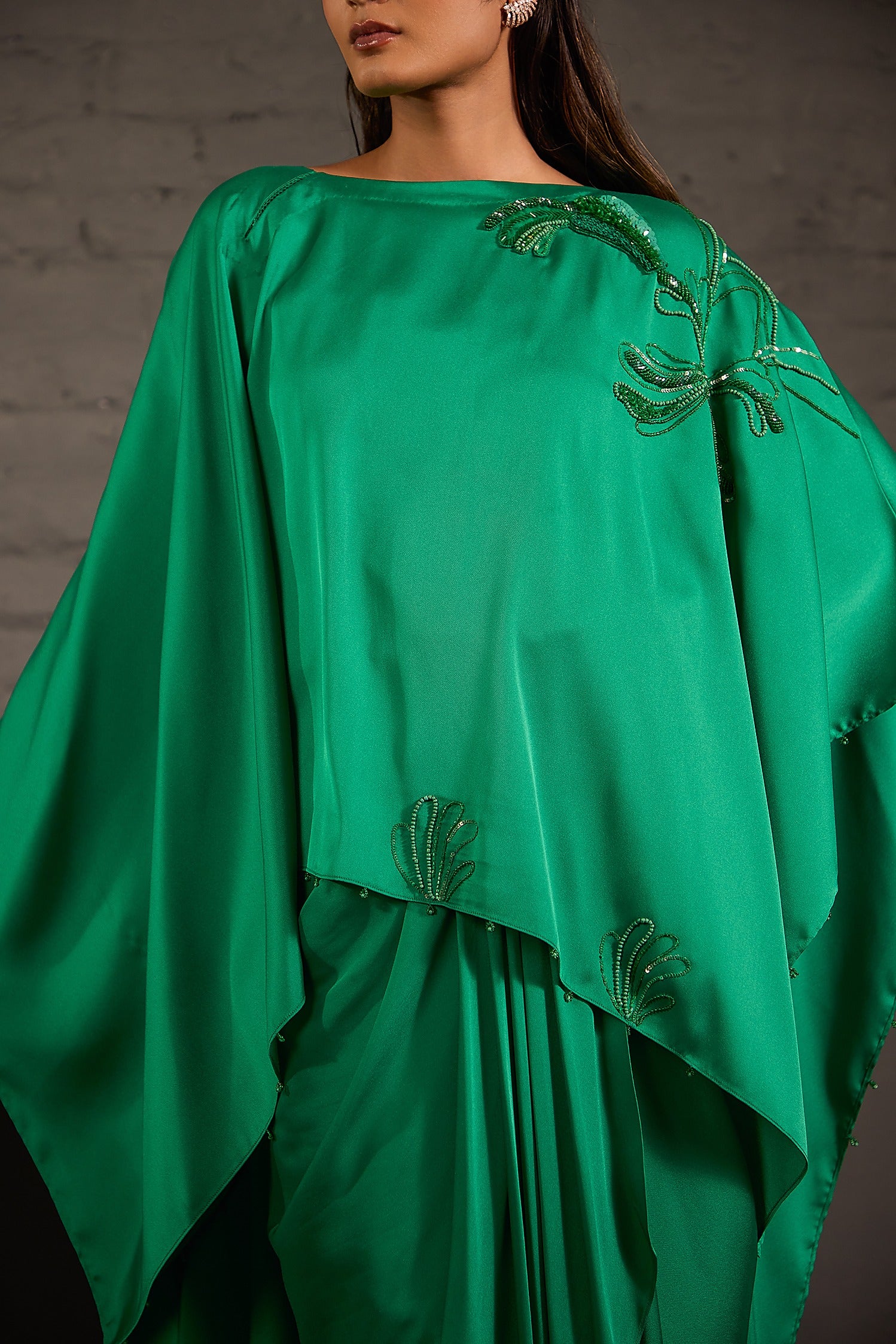 Emerald Green Flowy Kaftaan With Drape Skirt