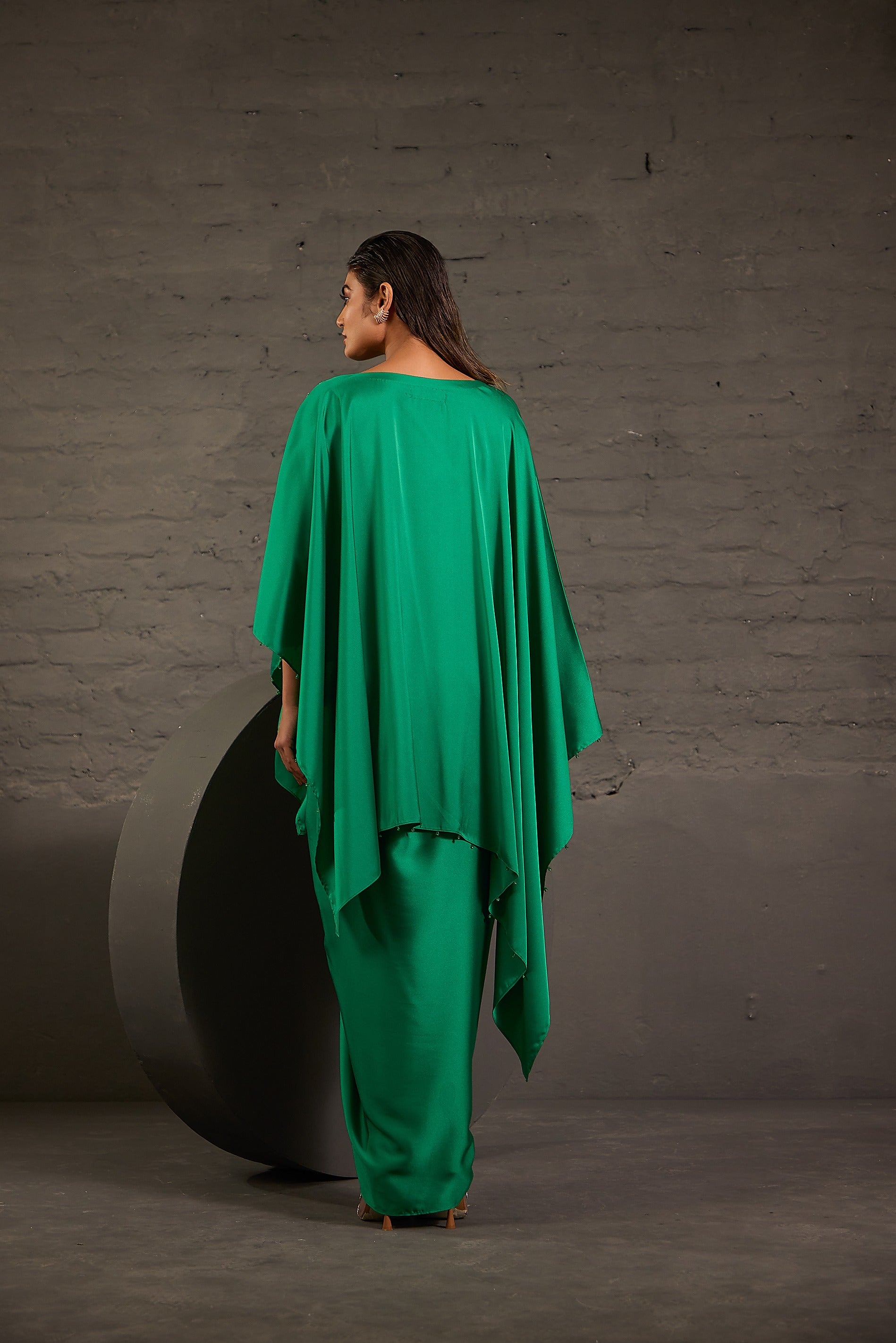 Emerald Green Flowy Kaftaan With Drape Skirt