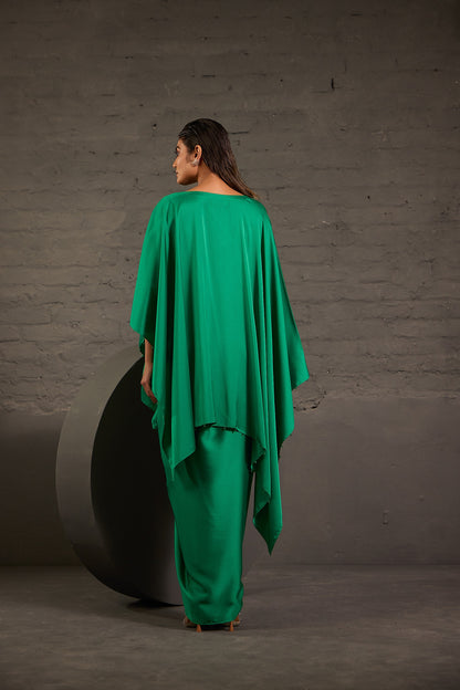 Emerald Green Flowy Kaftaan With Drape Skirt