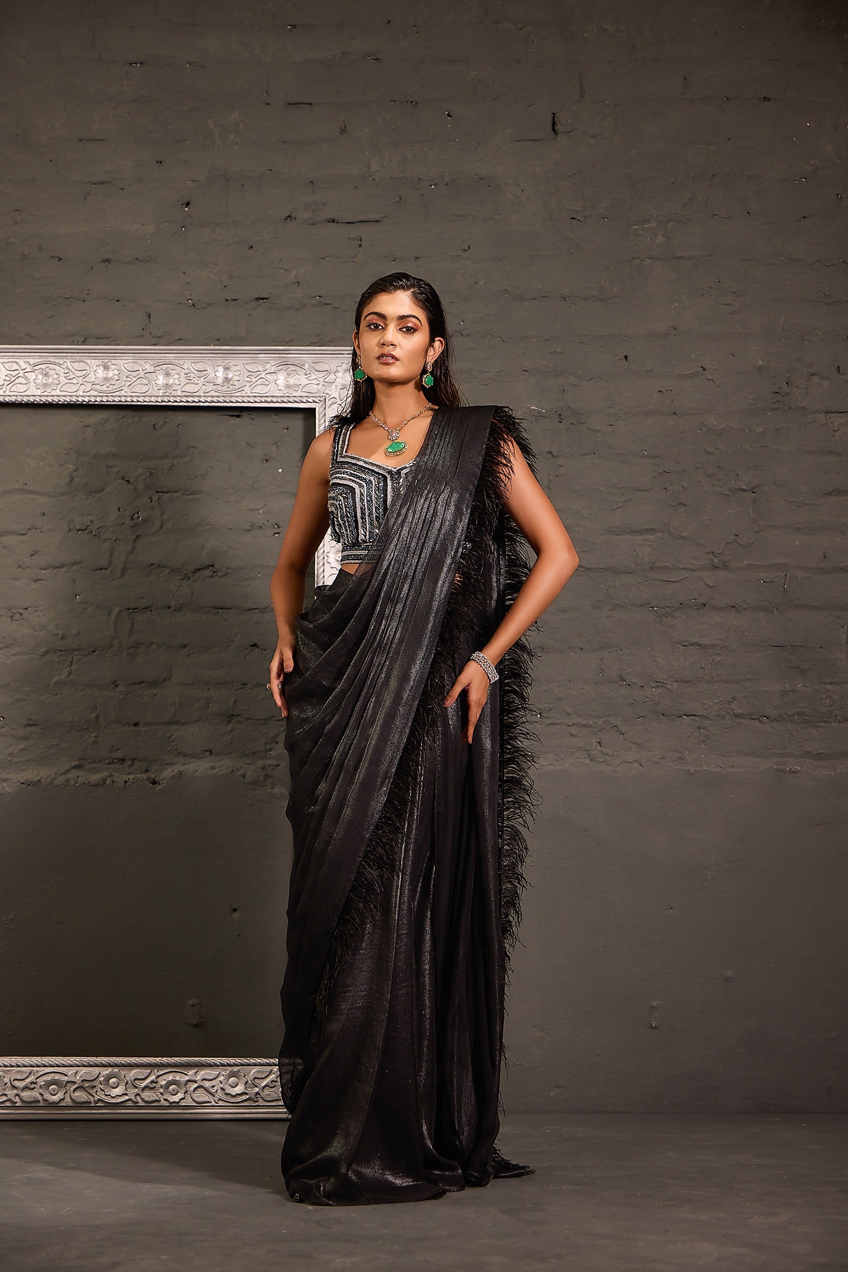 Black Hand Embroidered Blouse With Feather Palla Drape Saree