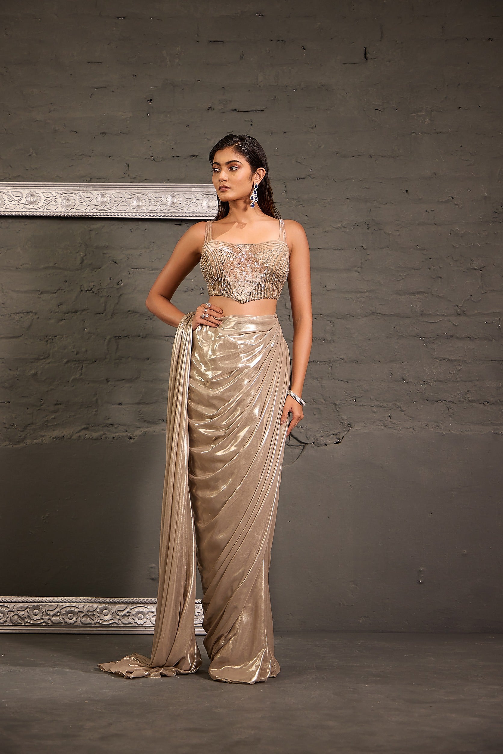 Champagne Hand Embroidered  Blouse With Drape Saree