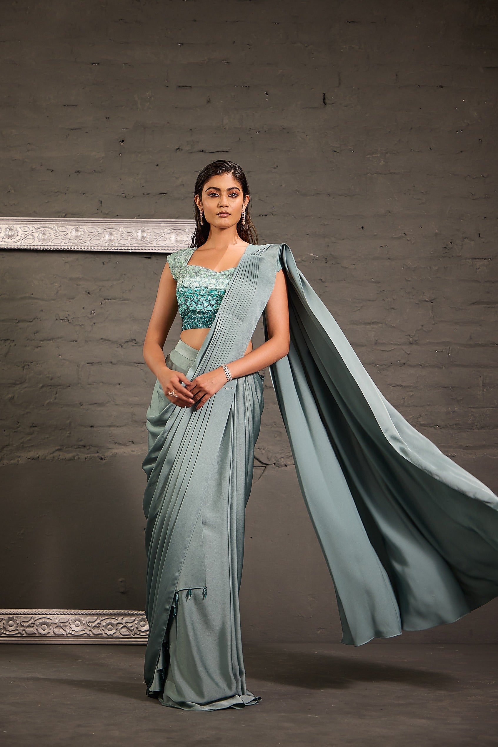 Ombre Sea Green Blouse With Drape Saree