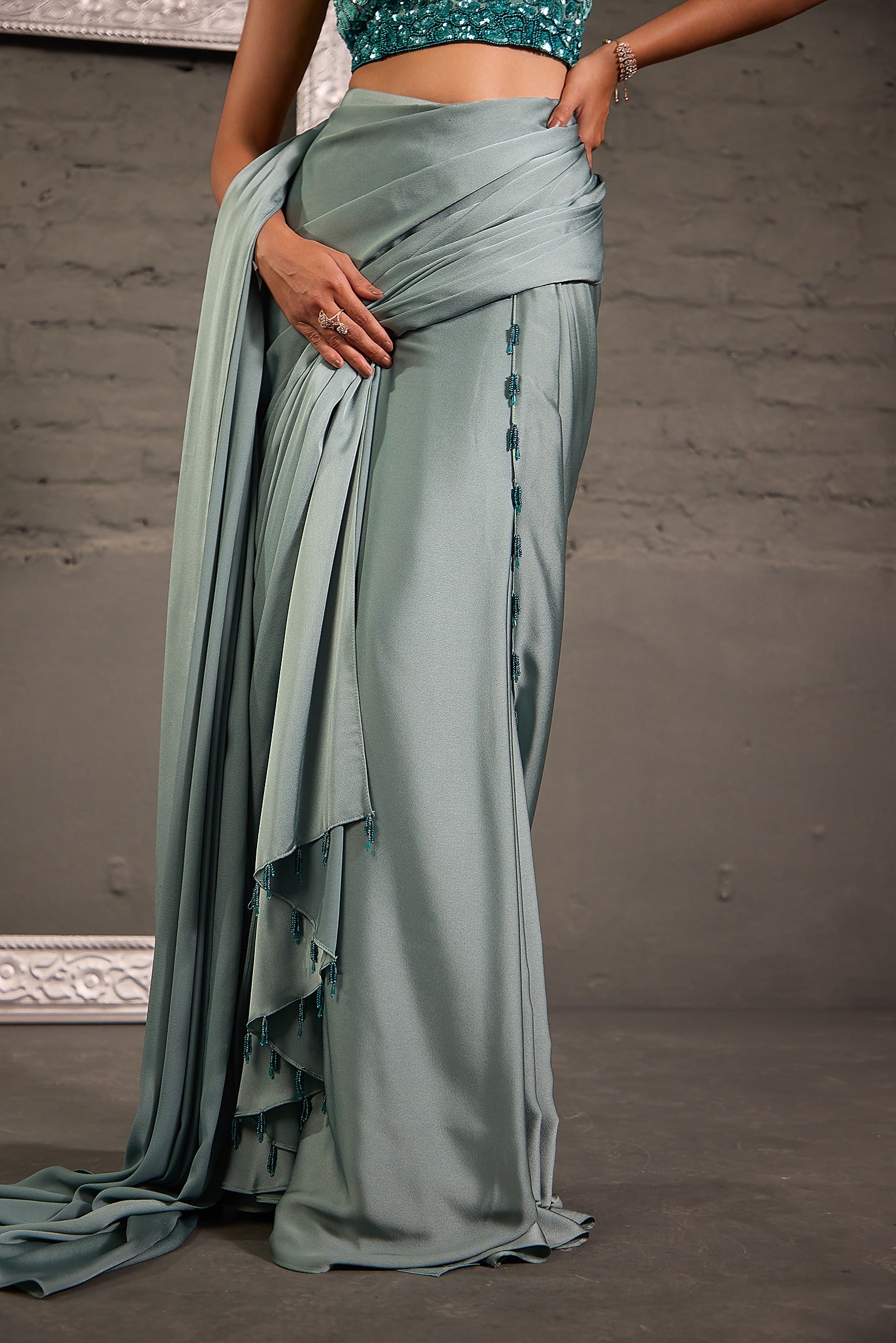 Ombre Sea Green Blouse With Drape Saree