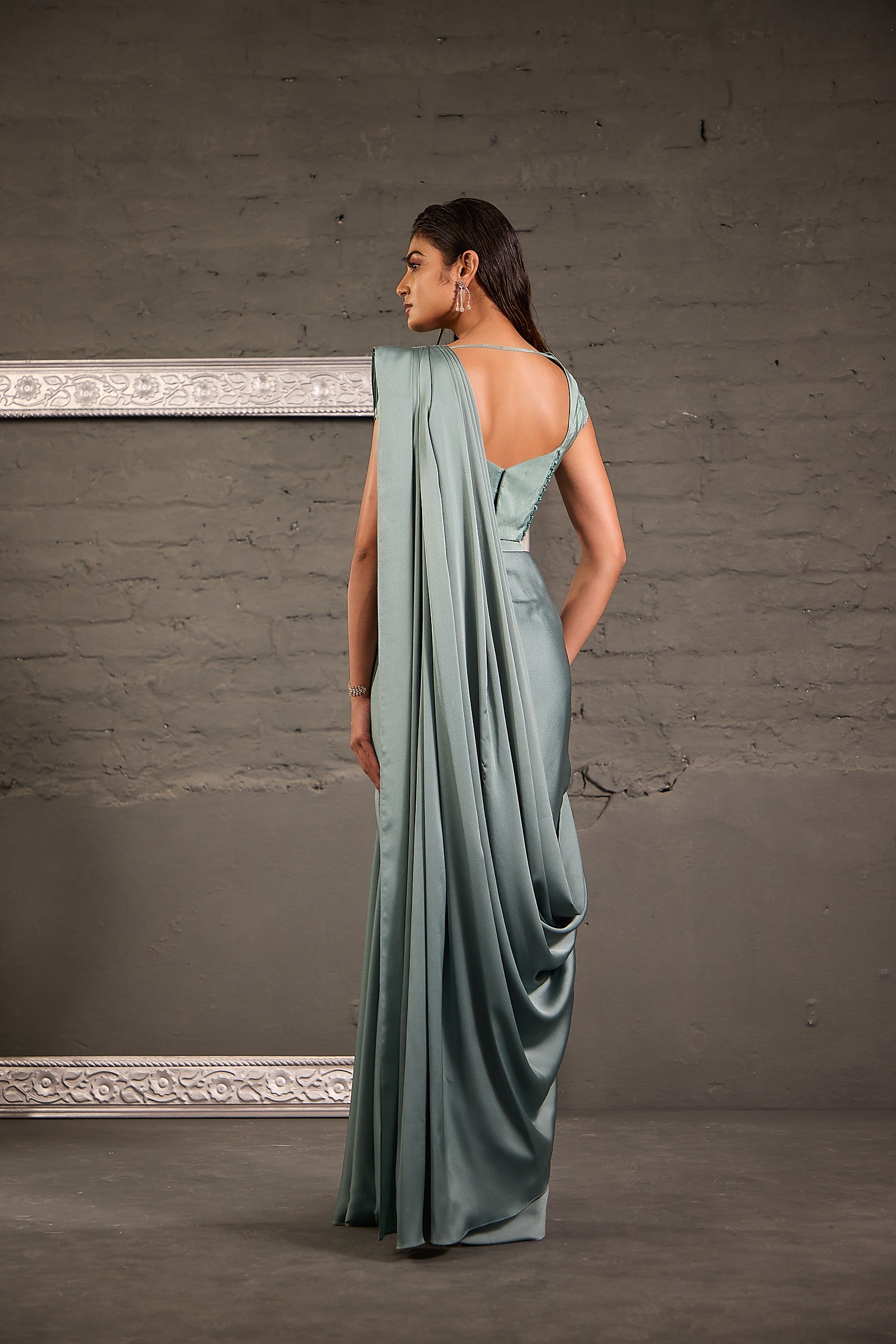 Ombre Sea Green Blouse With Drape Saree
