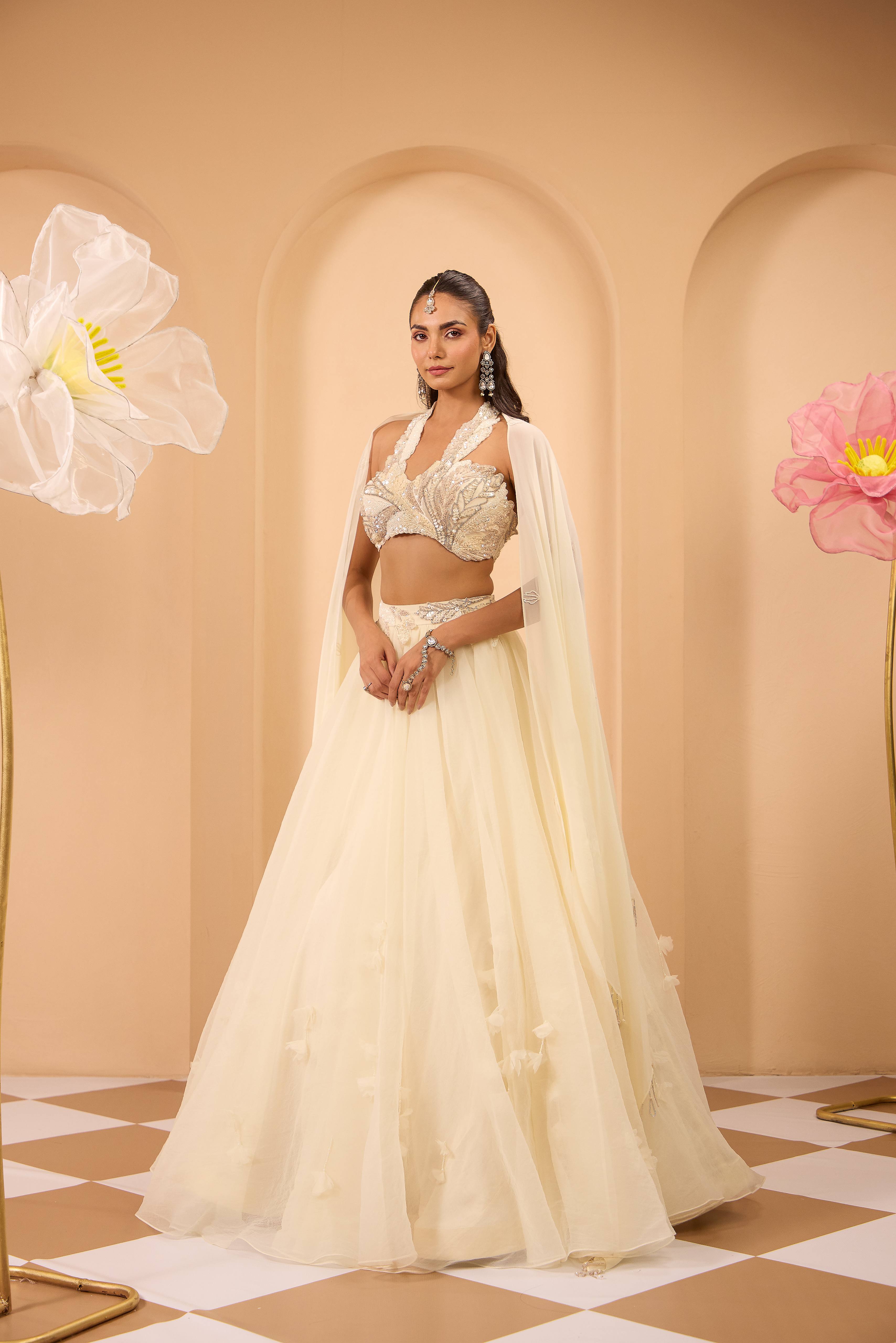 Ivory Hand Embroidered Blouse with Lehenga & attached Dupatta