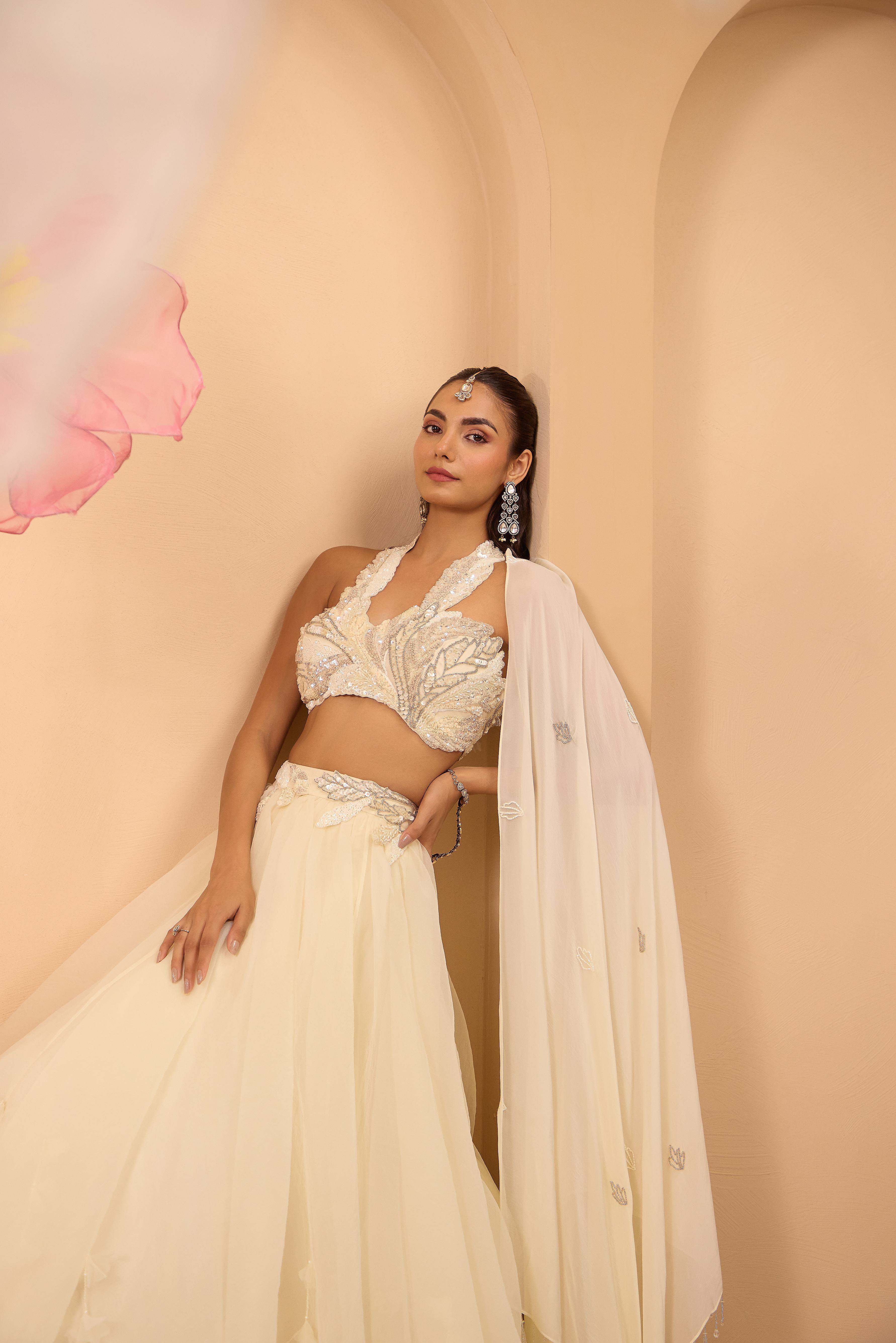 Ivory Hand Embroidered Blouse with Lehenga & attached Dupatta