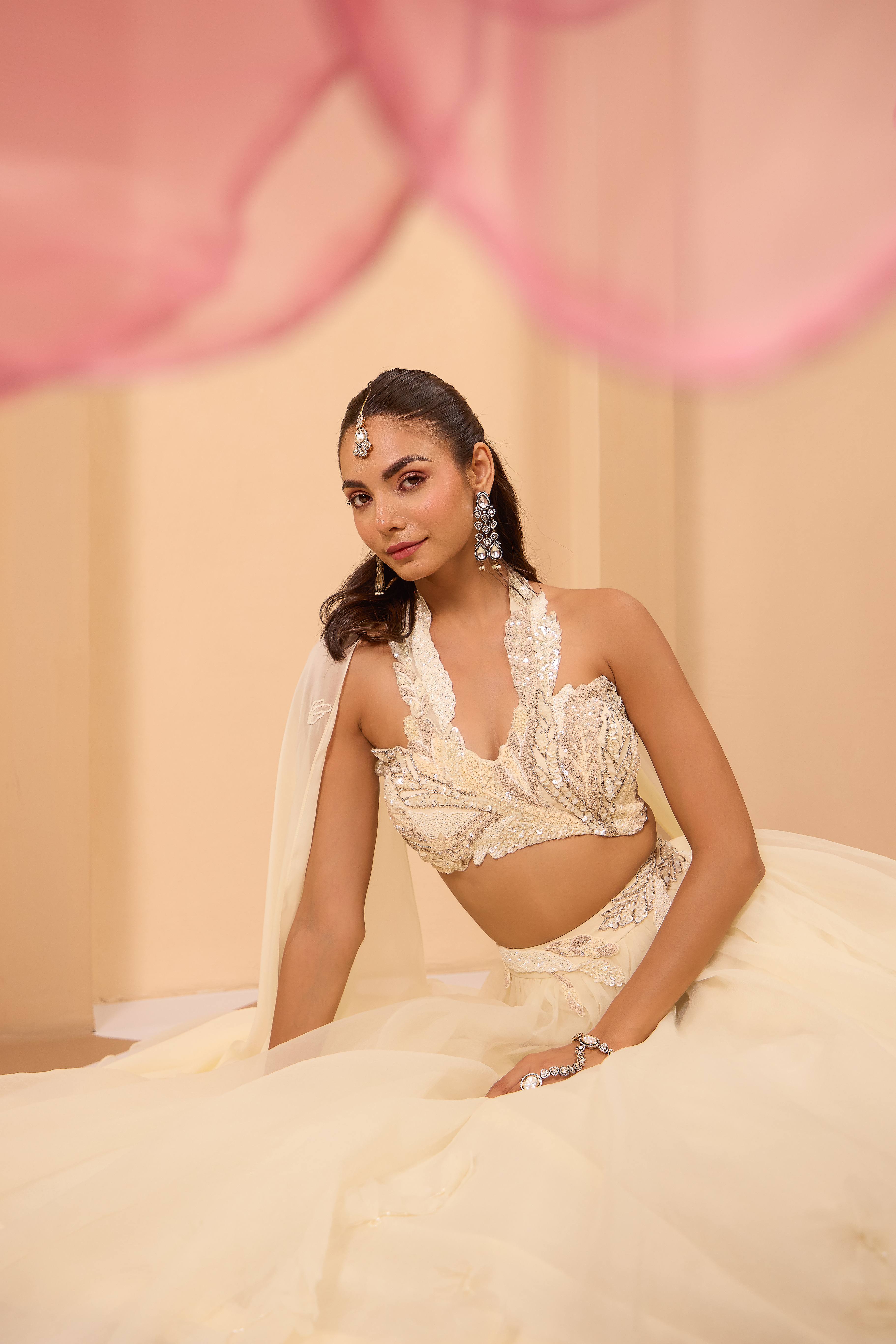 Ivory Hand Embroidered Blouse with Lehenga & attached Dupatta