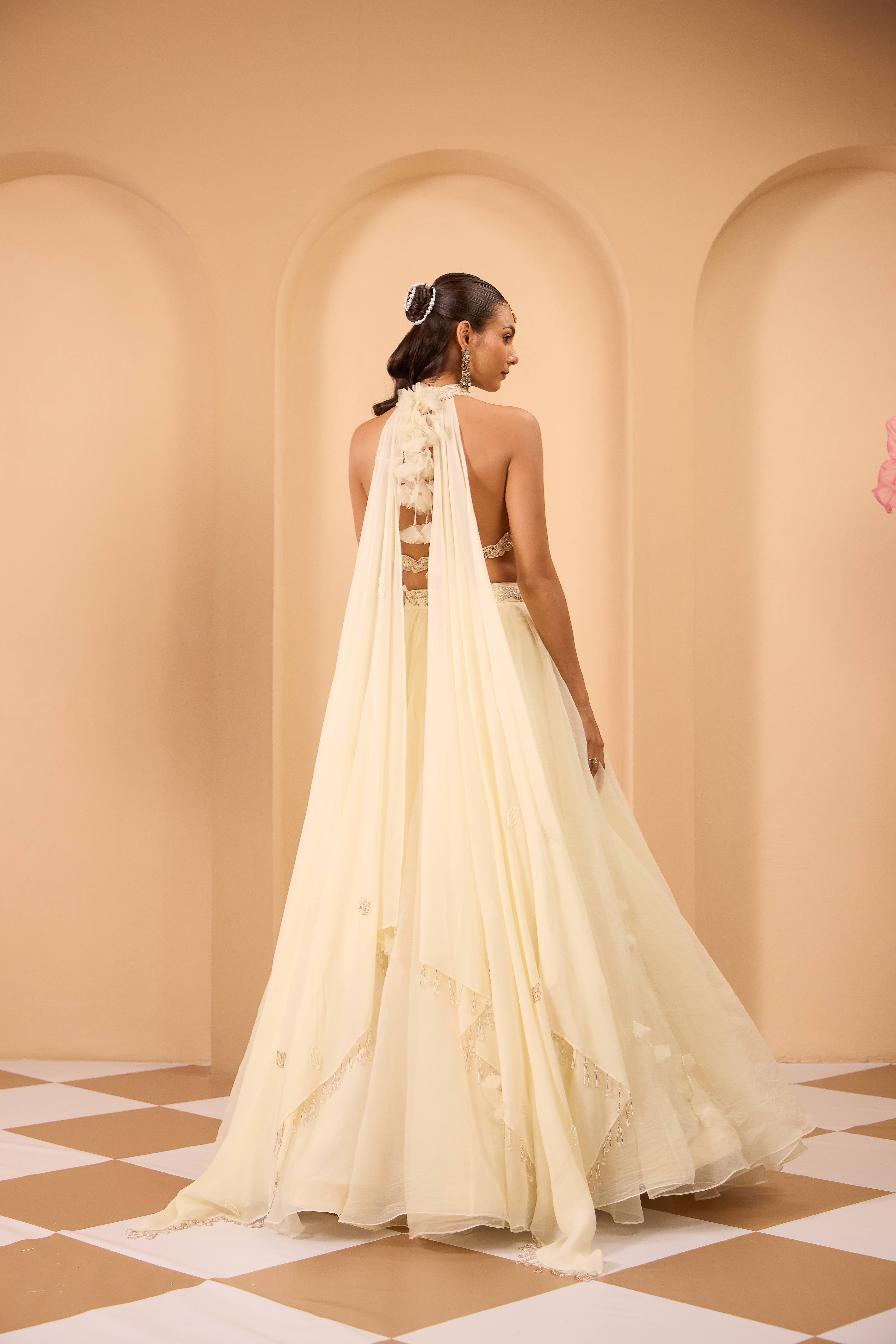 Ivory Hand Embroidered Blouse with Lehenga & attached Dupatta