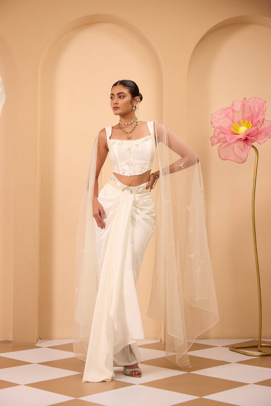Ivory Hand Embroidered Corset Blouse and Drape Skirt with Dupatta