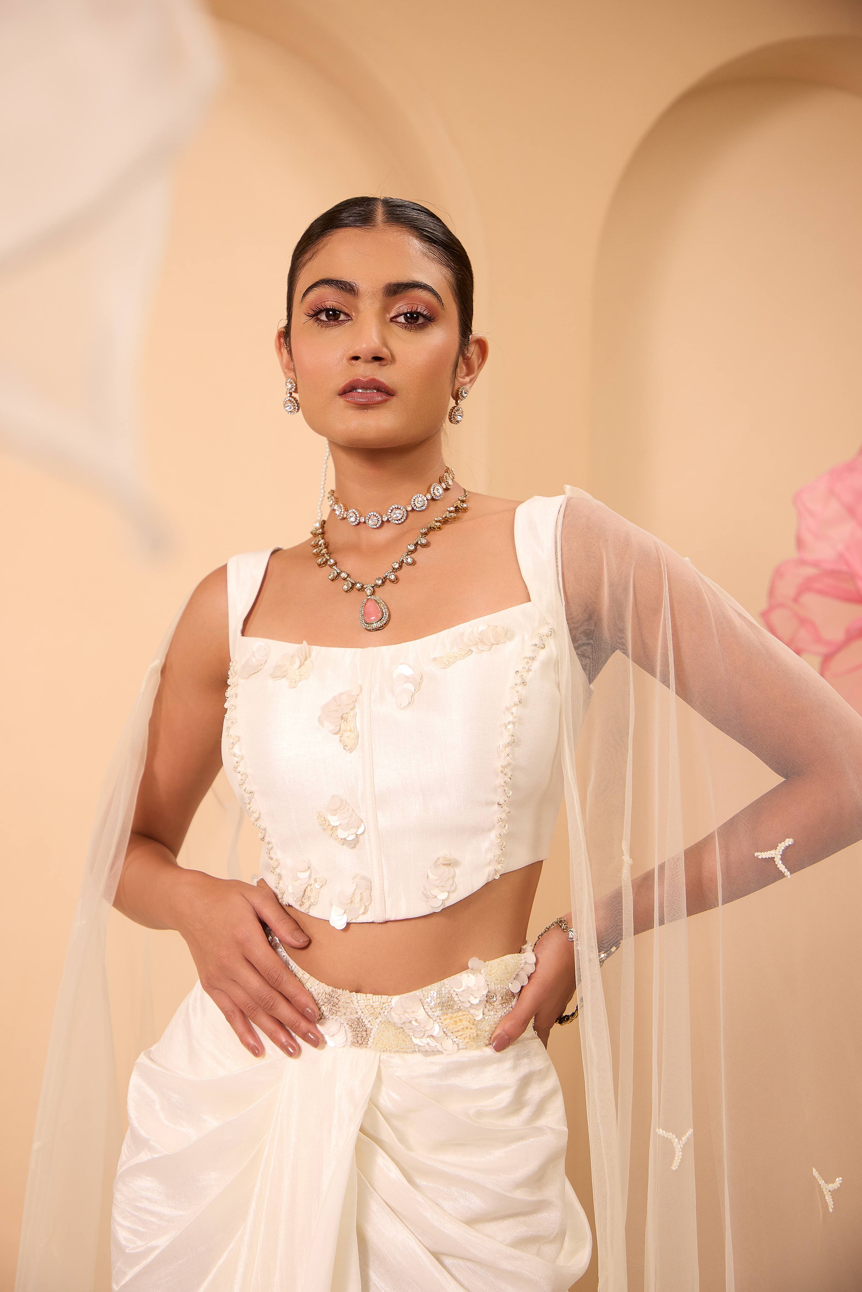 Ivory Hand Embroidered Corset Blouse and Drape Skirt with Dupatta