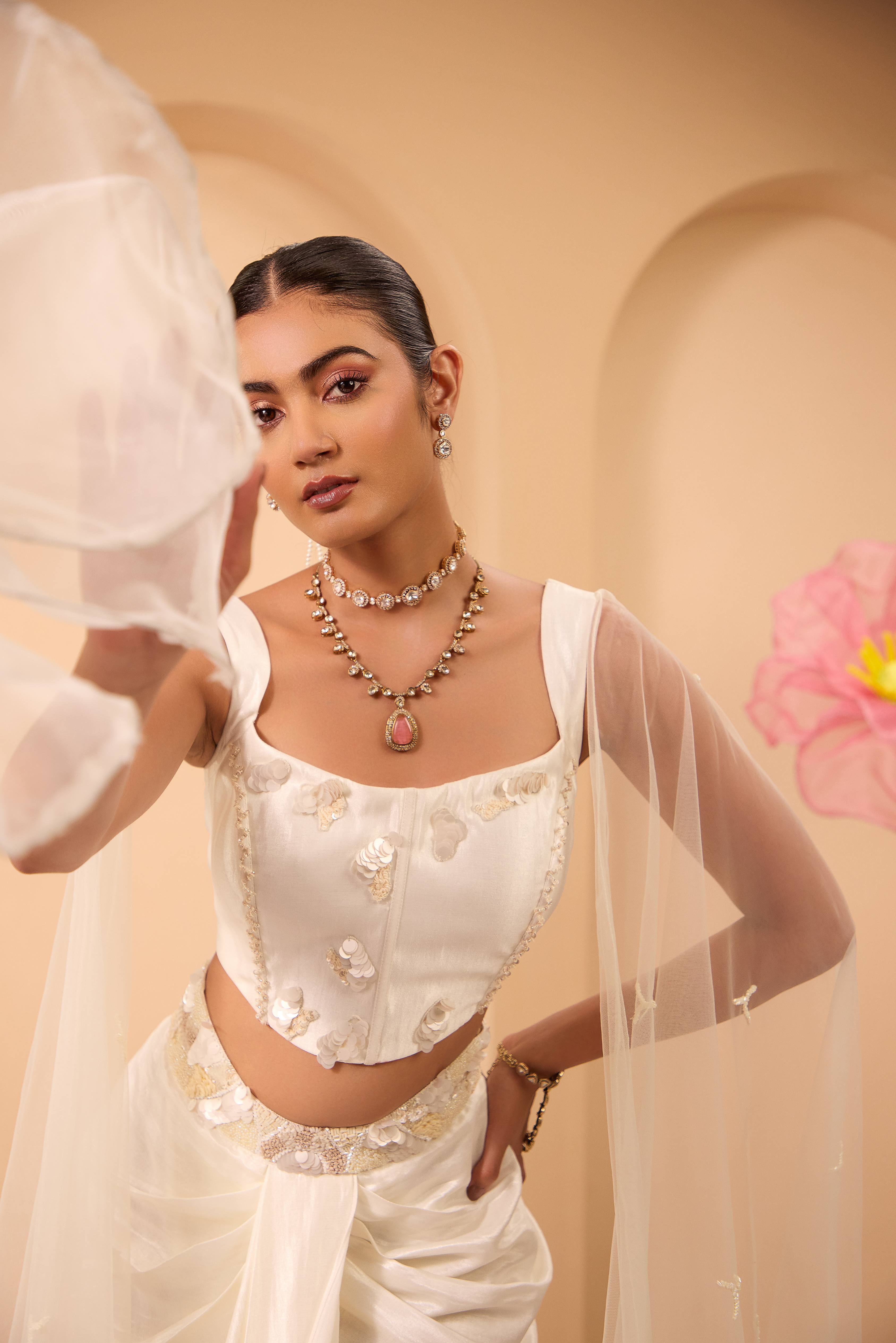 Ivory Hand Embroidered Corset Blouse and Drape Skirt with Dupatta