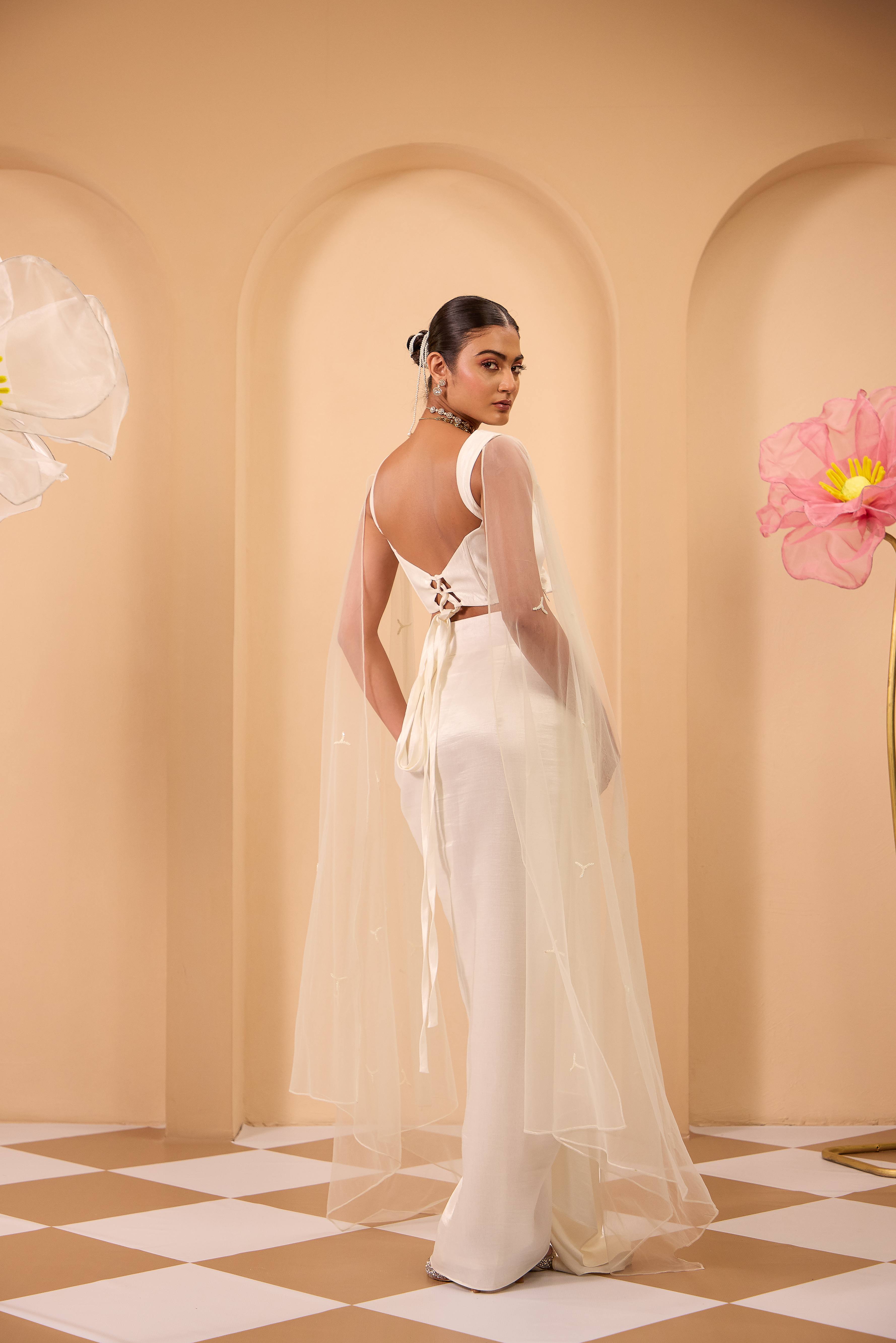 Ivory Hand Embroidered Corset Blouse and Drape Skirt with Dupatta