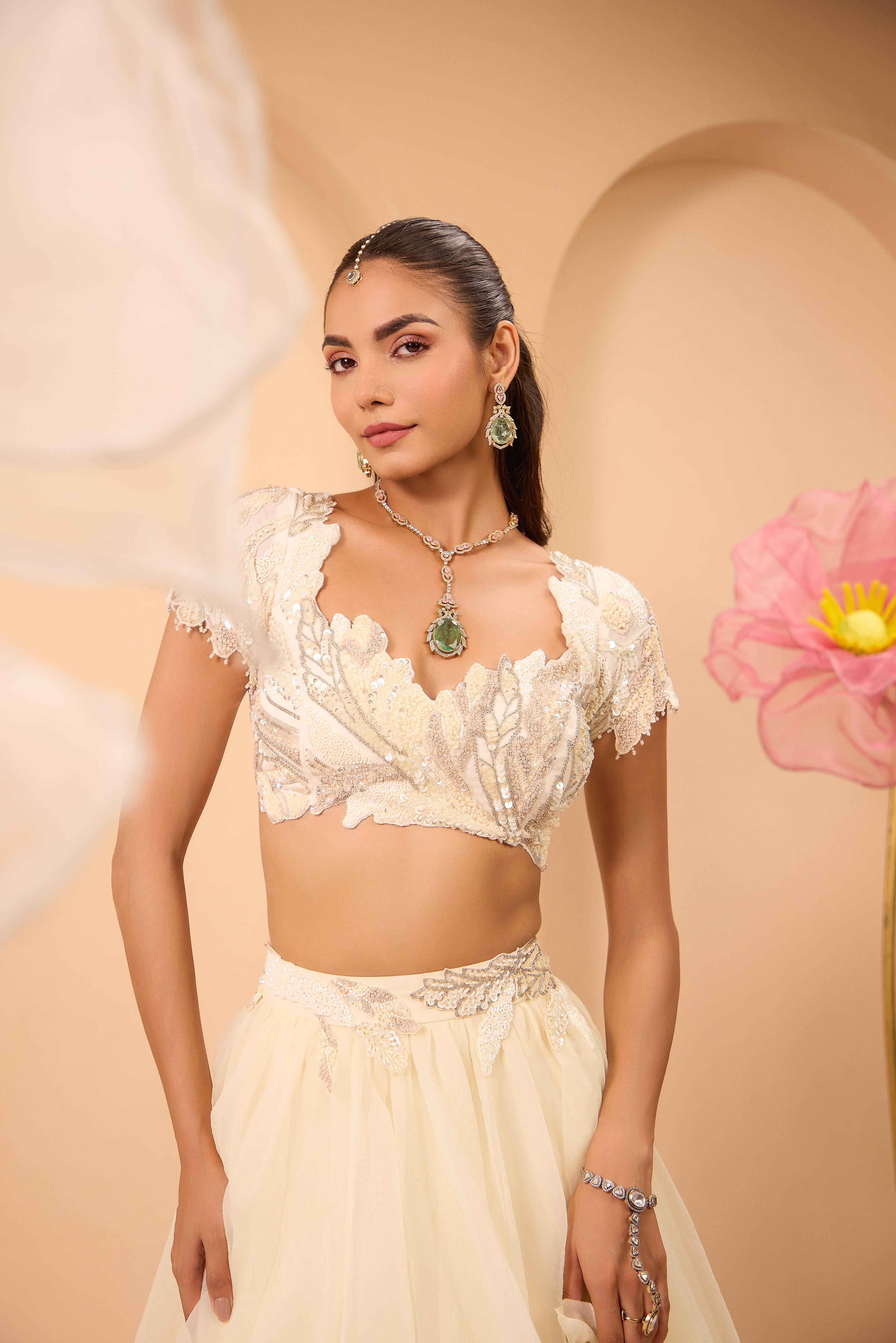 Hand Embroidered Blouse with Lehenga and Dupatta