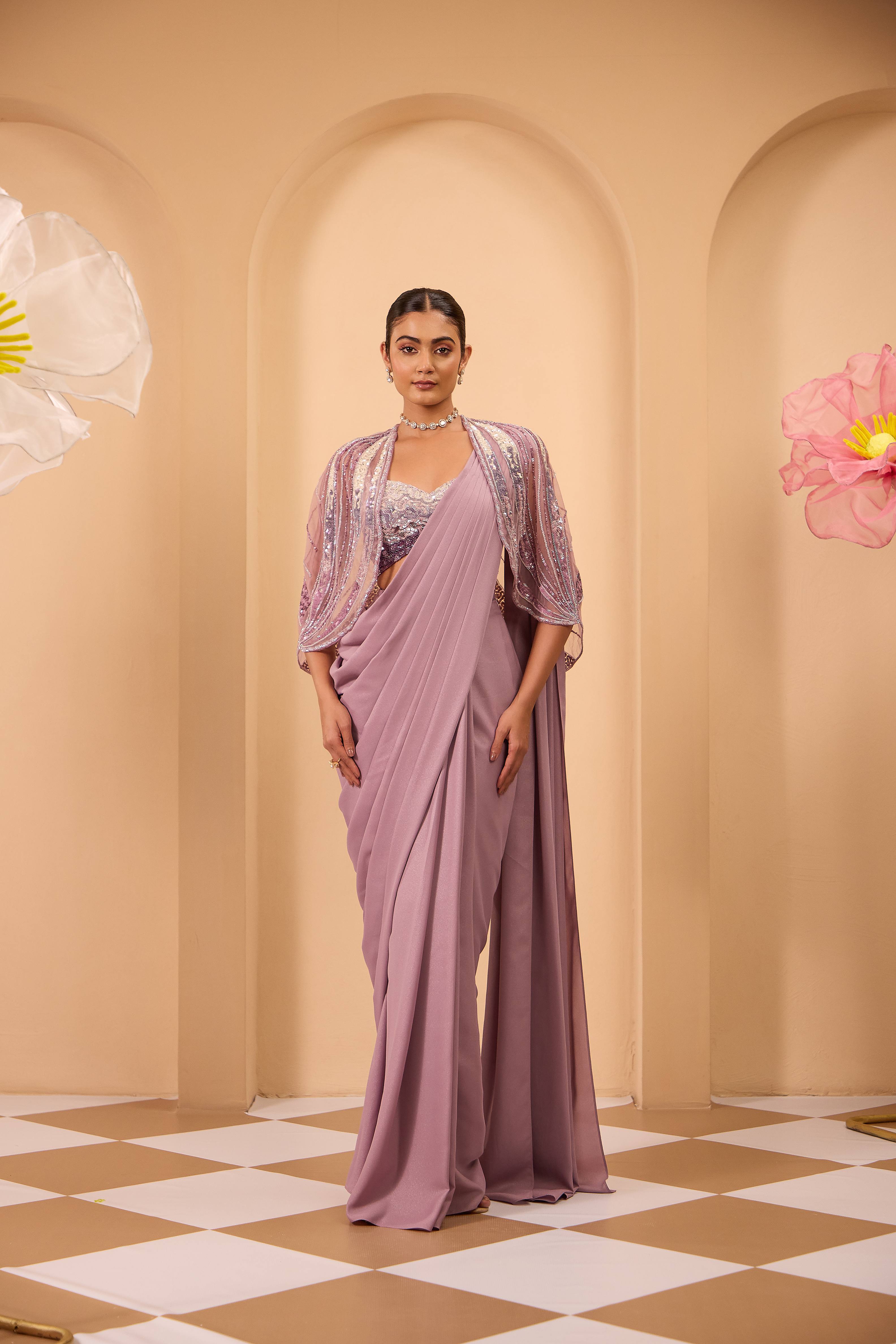 Hand Adored Short Cape With Blouse and Drape Saree