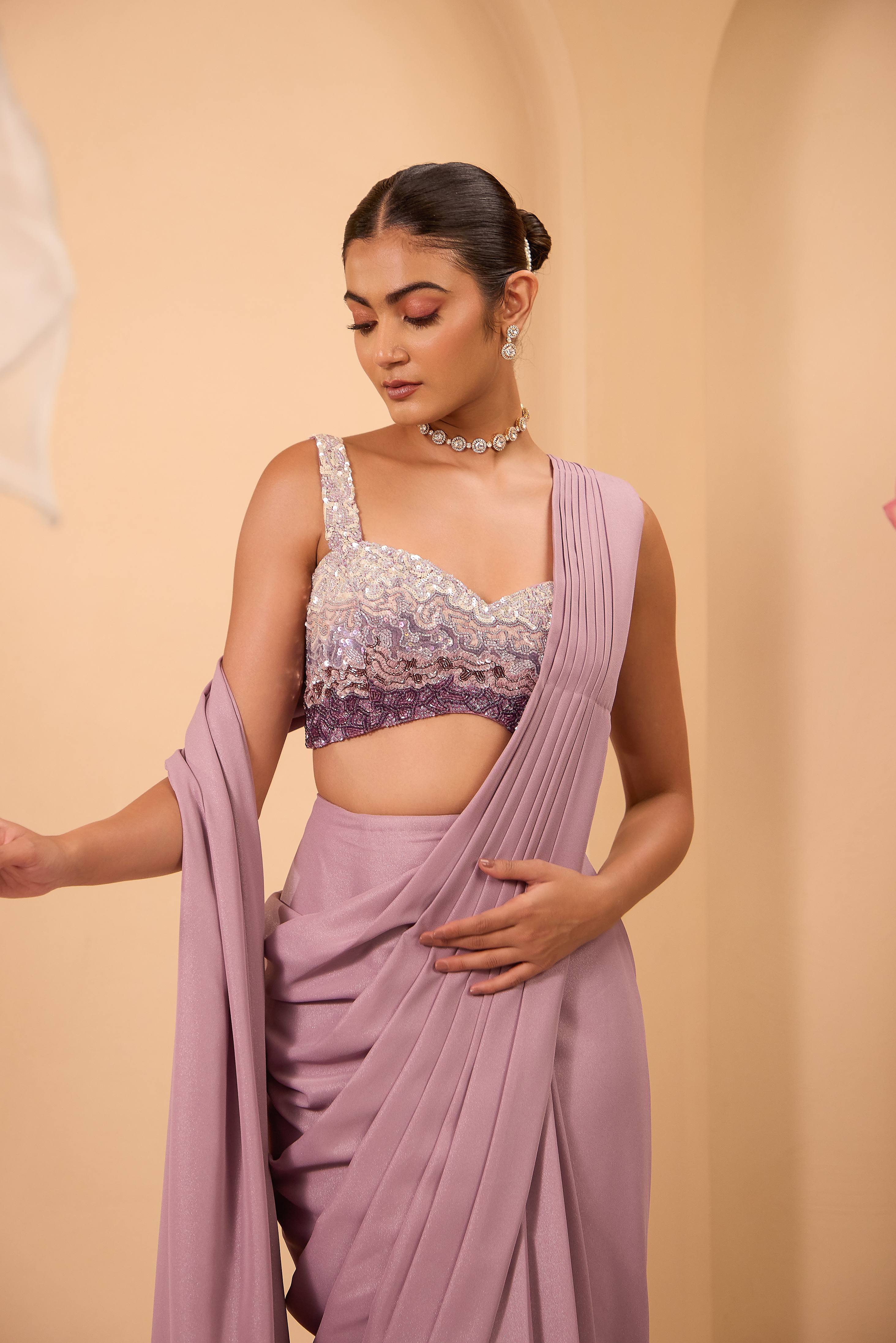 Shaded Hand Embroidered Blouse with Drape Saree