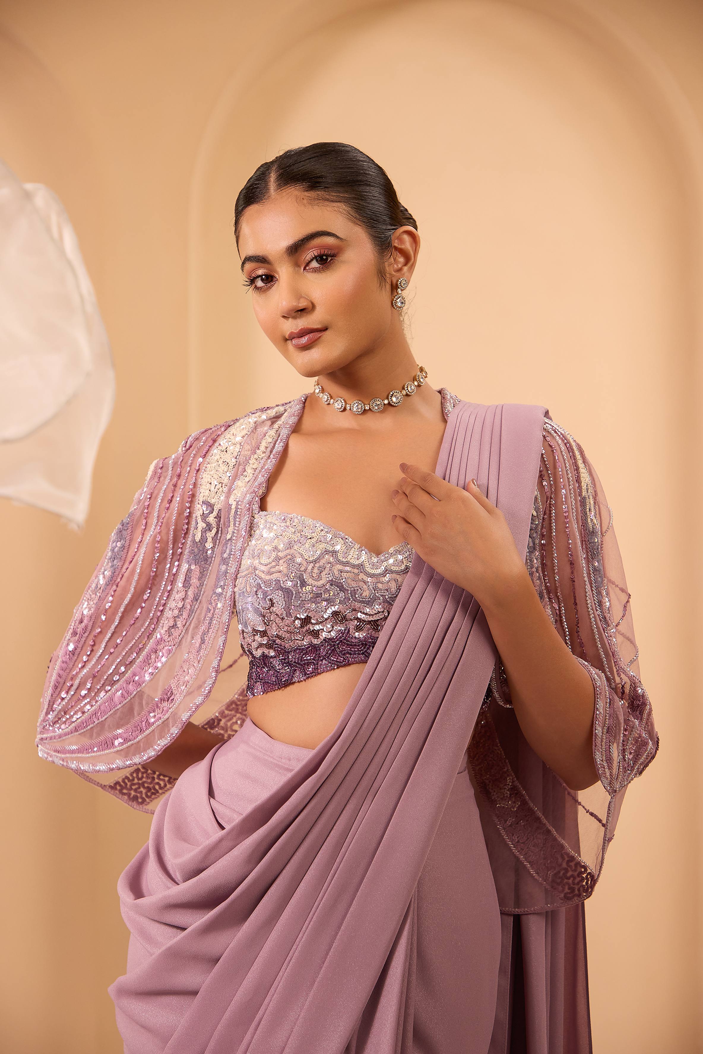 Hand Adored Short Cape With Blouse and Drape Saree