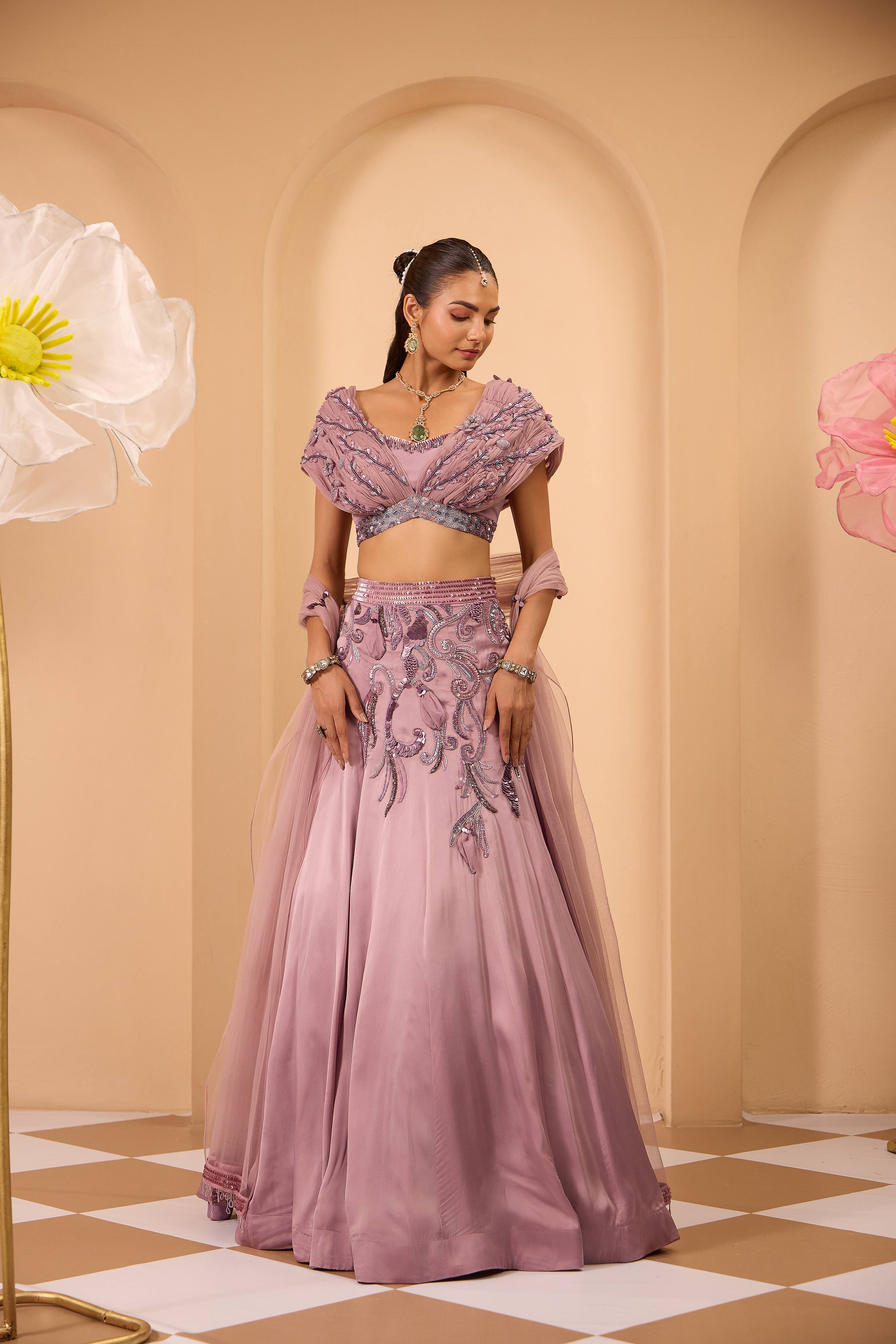Hand Embroidered Off-Shoulder Blouse with Lehenga & Dupatta