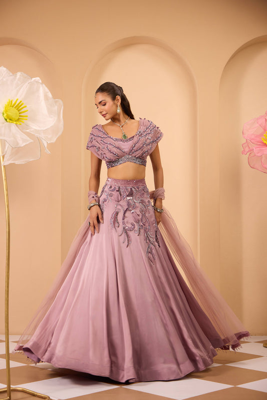 Hand Embroidered Off-Shoulder Blouse with Lehenga & Dupatta