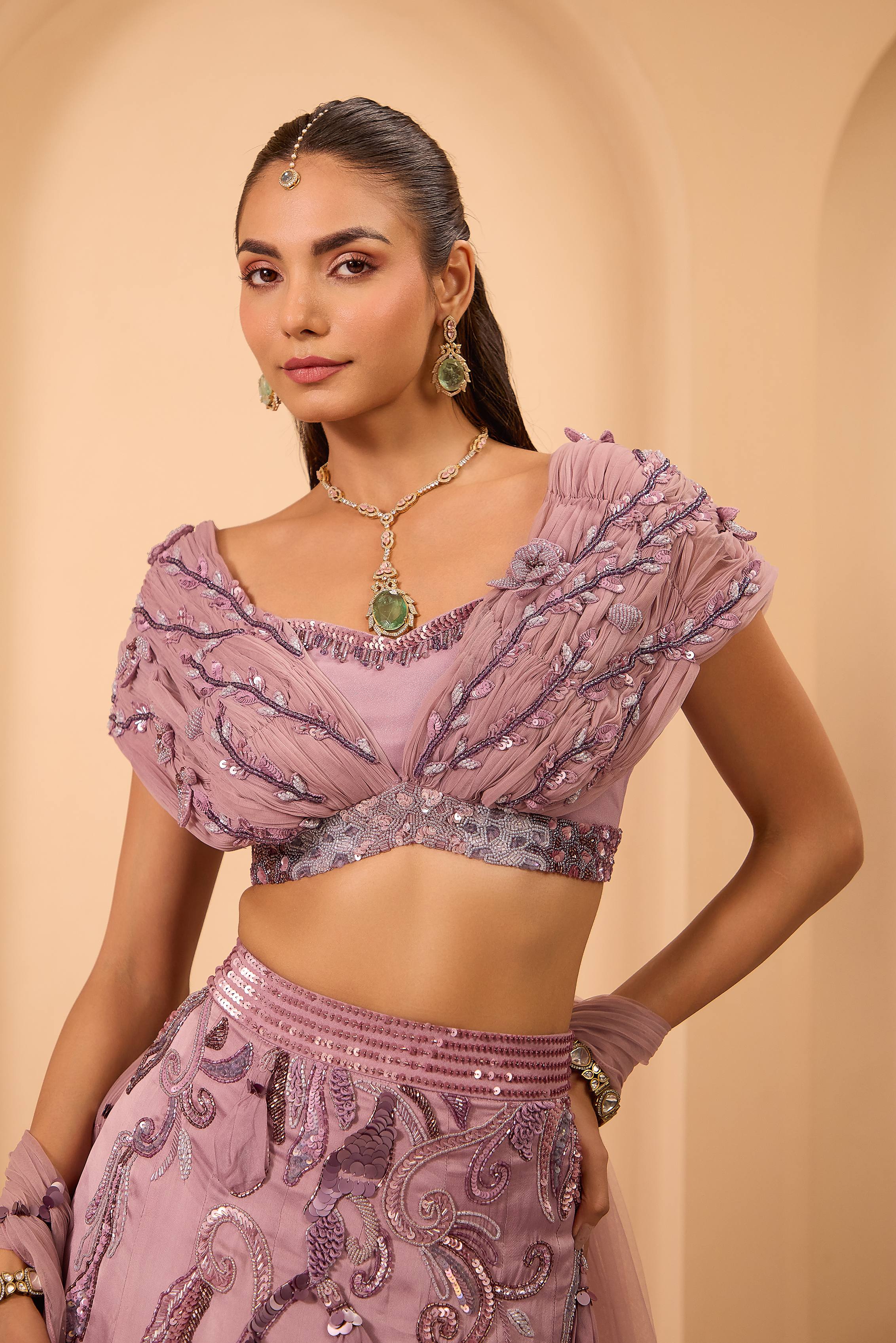 Hand Embroidered Off-Shoulder Blouse with Lehenga & Dupatta