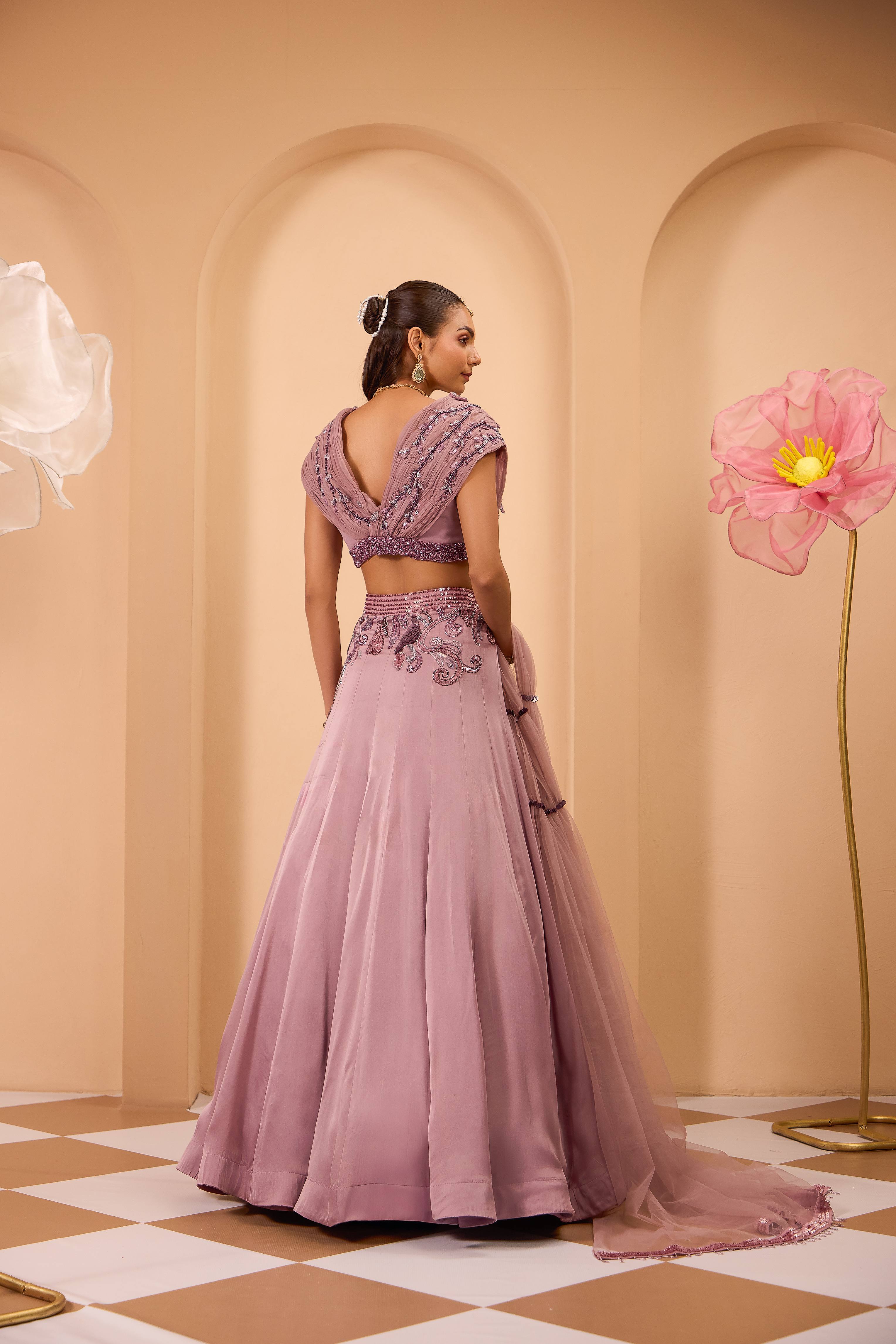 Hand Embroidered Off-Shoulder Blouse with Lehenga & Dupatta