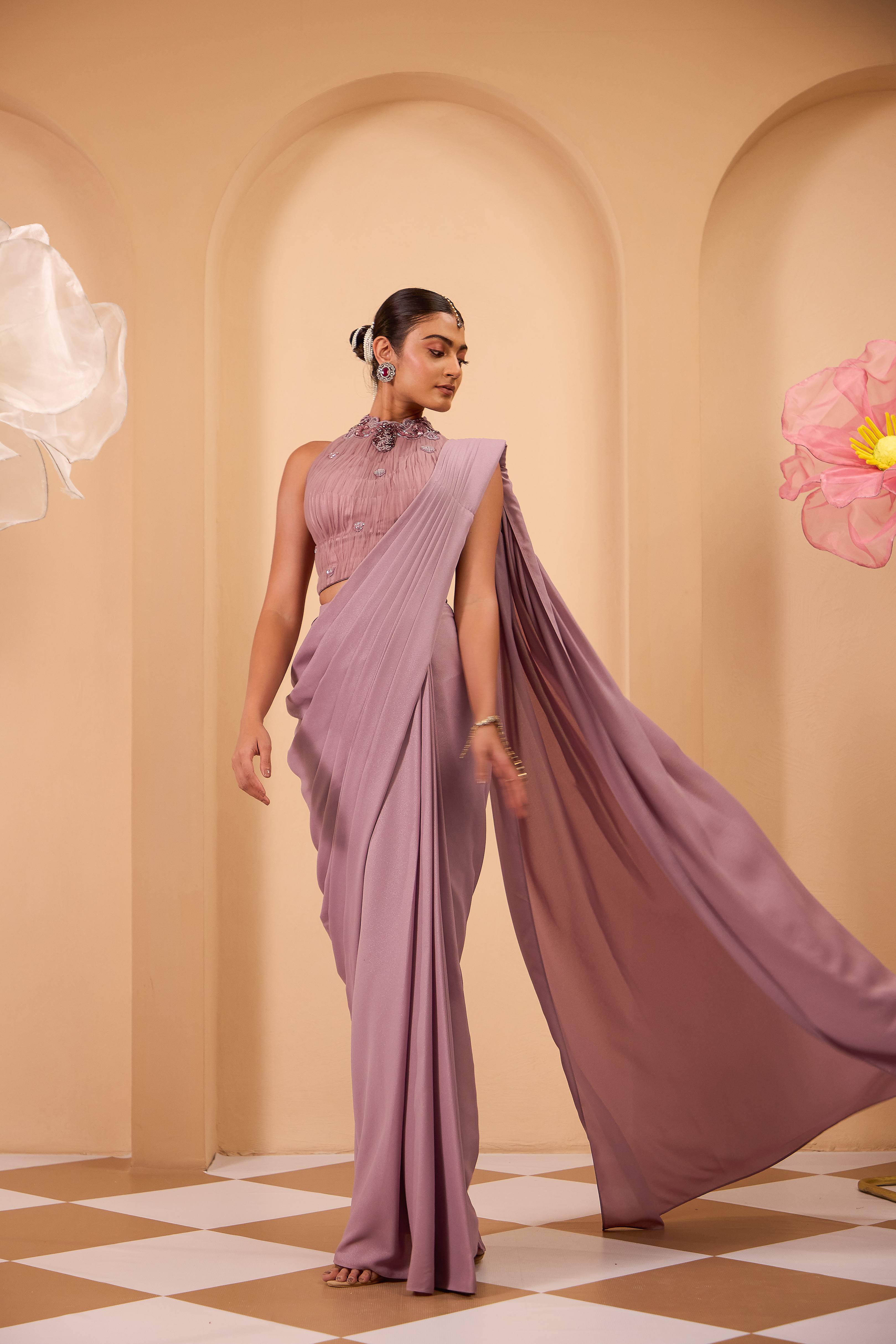 Hand Embroidered Lilac Halter Neck Blouse with Drape Saree