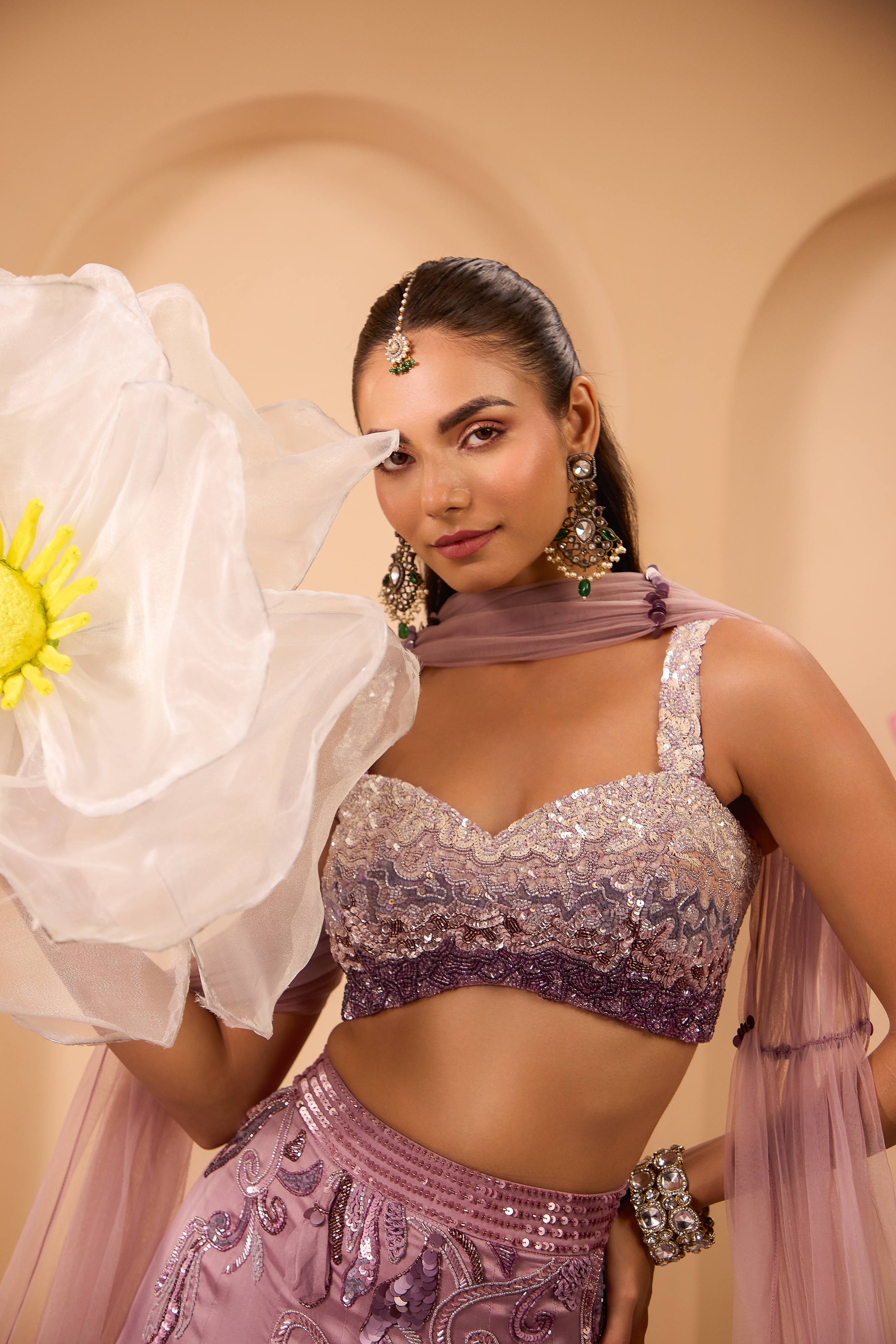 Shaded Hand Embroidered Blouse with Lehenga & Dupatta