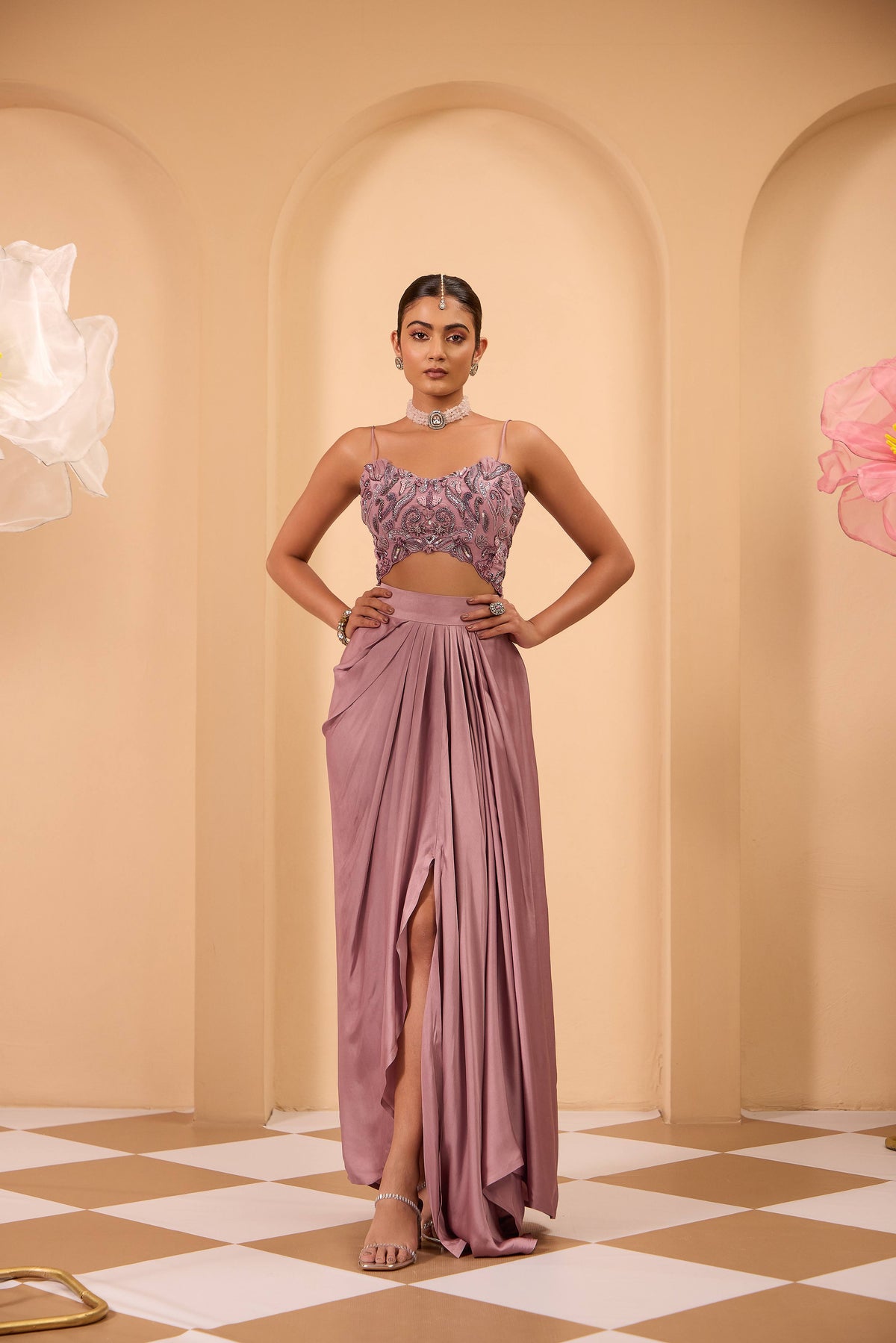 Purple Hand Embroidered Strappy Blouse with Drape Skirt