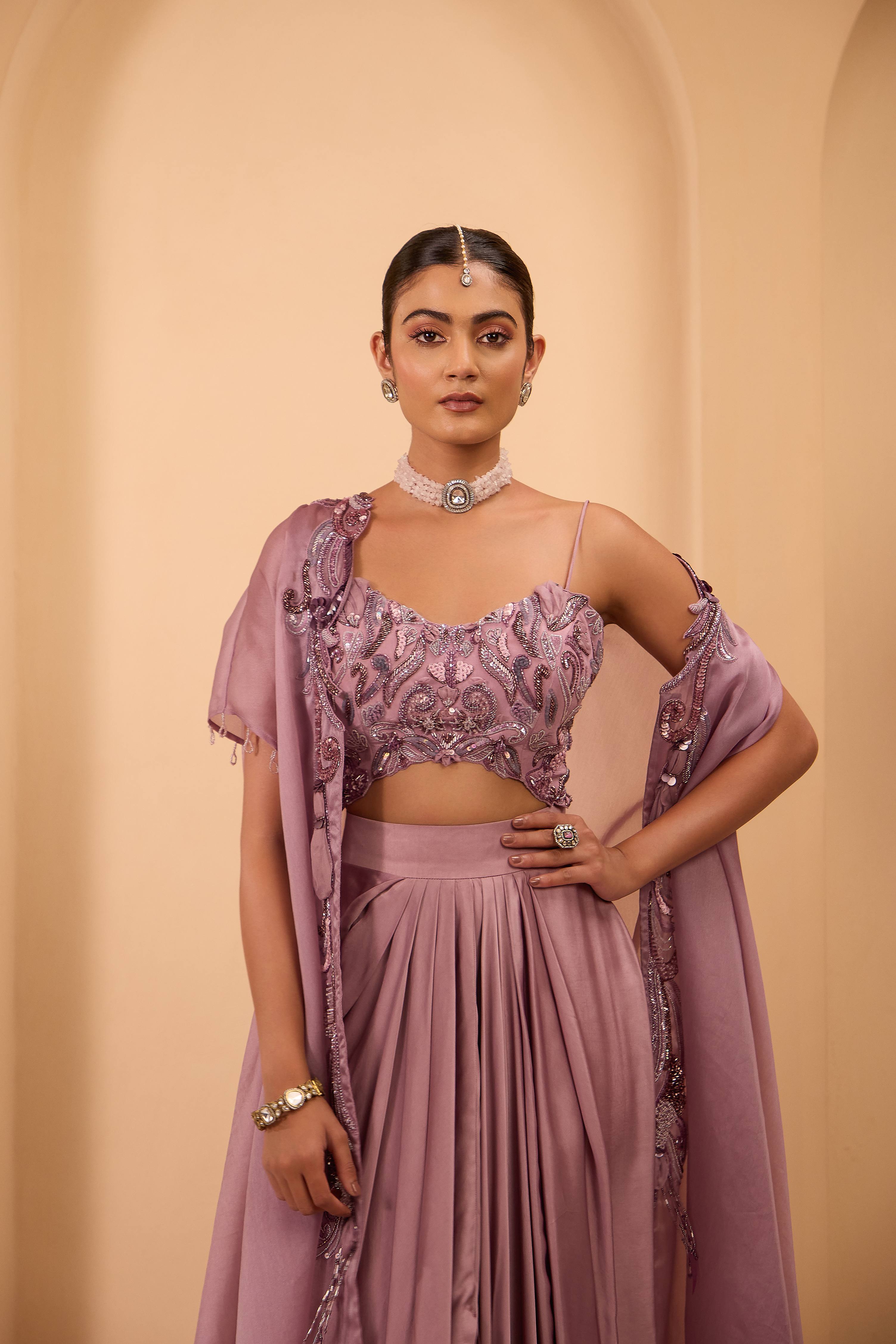 Purple Hand Embroidered Strappy Blouse with Drape Skirt