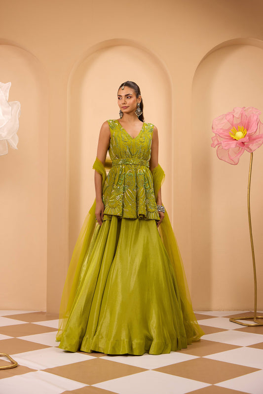 Lime Green Hand Embroidered Peplum W/Lehenga & Dupatta