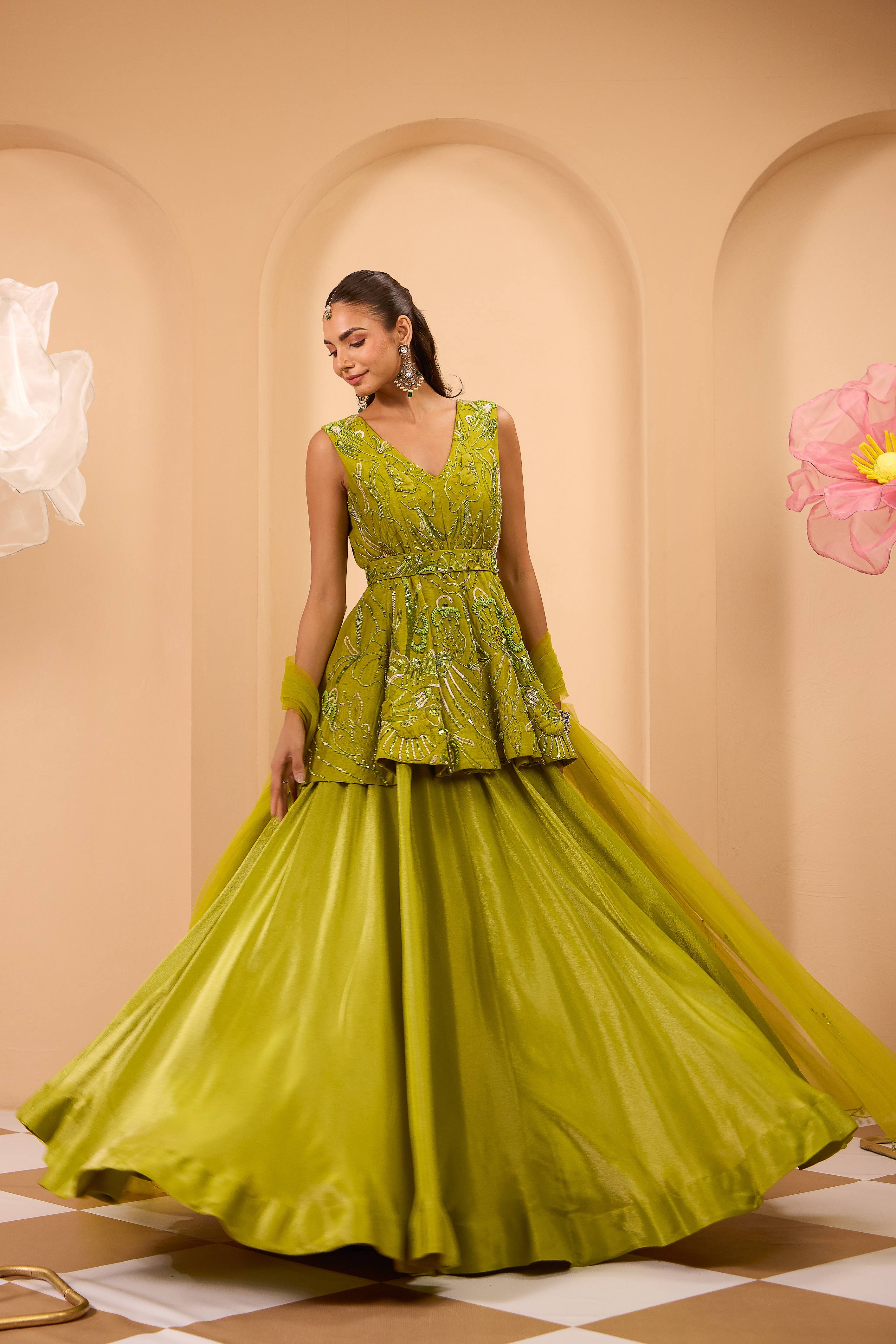 Lime Green Hand Embroidered Peplum W/Lehenga & Dupatta