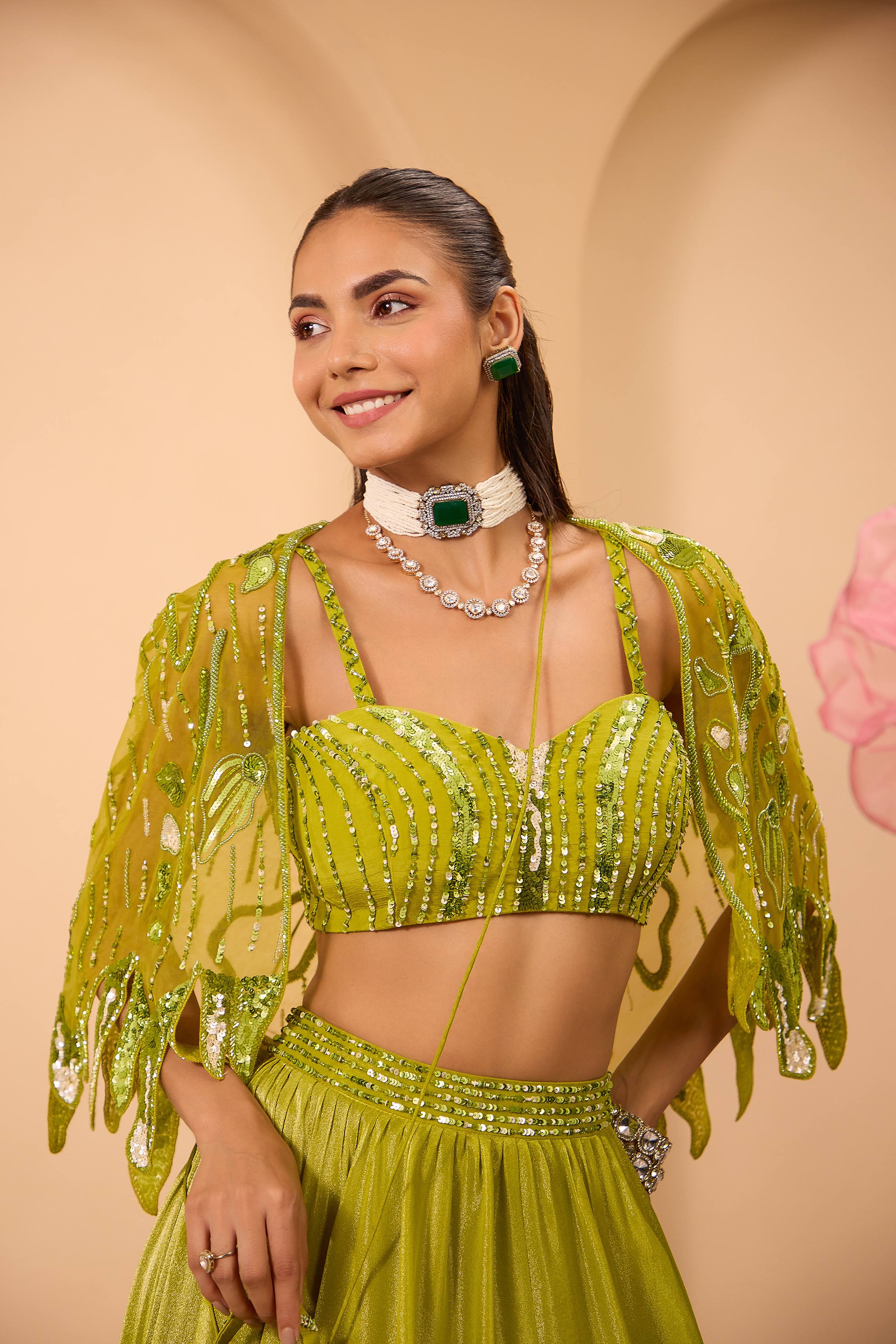 Ombre Shaded Shrug with Tissue Lehenga & Blouse