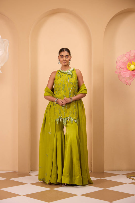 Lime Heavy Embroidered Tunic with Sharara & Flowy Dupatta