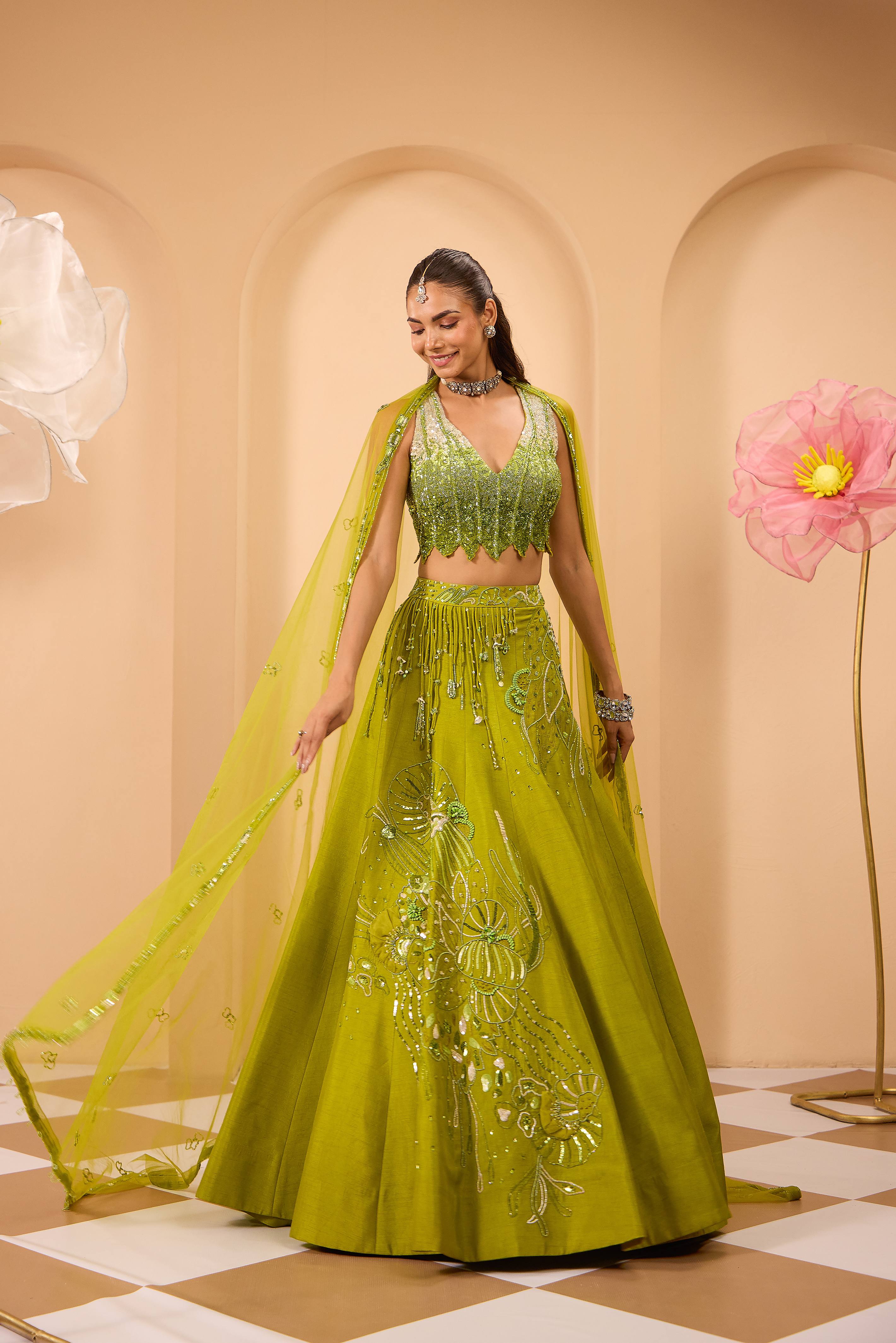 Hand Embroidered  V Neckline Blouse with Lehenga & Dupatta