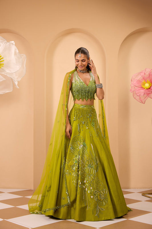 Hand Embroidered  V Neckline Blouse with Lehenga & Dupatta