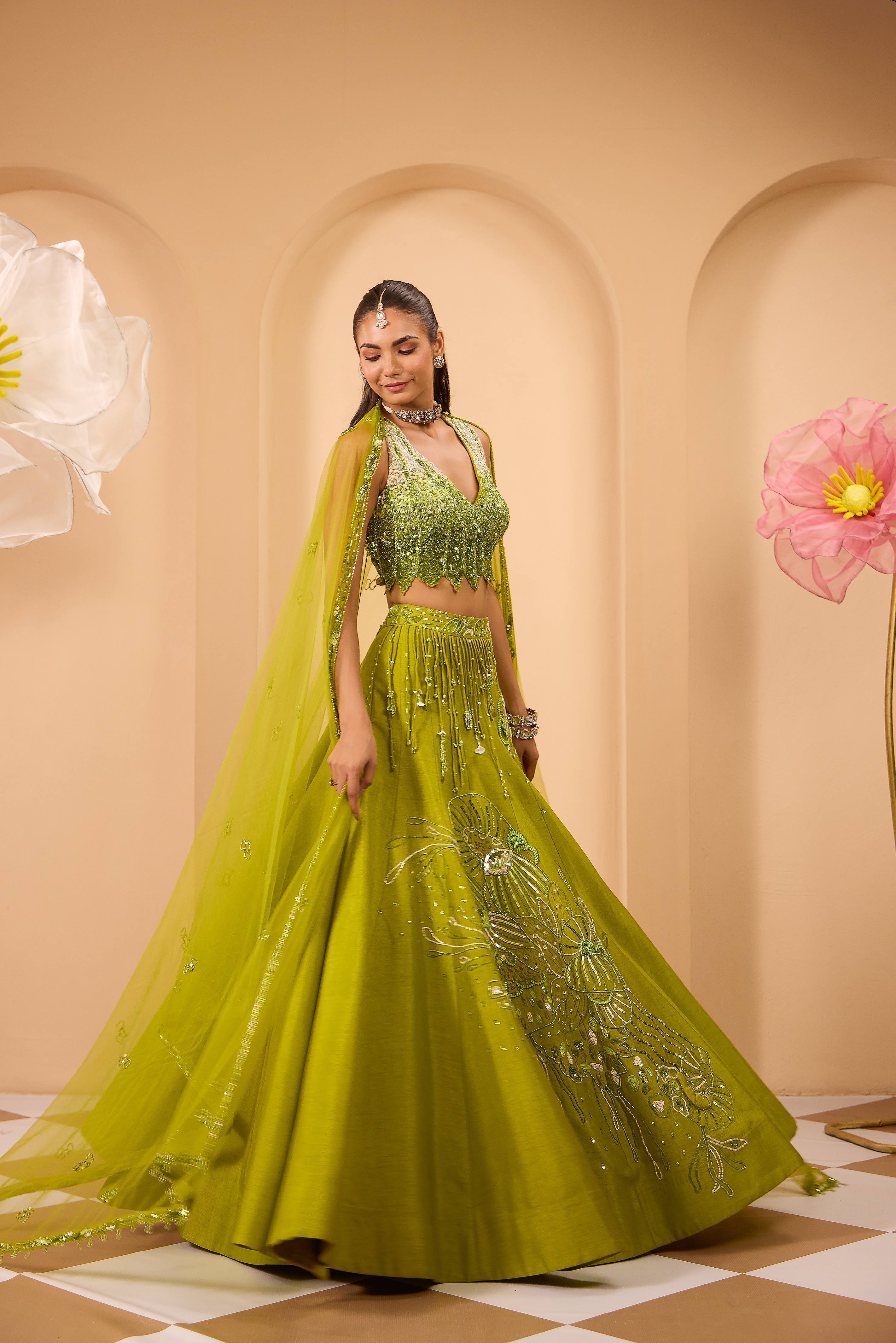 Hand Embroidered  V Neckline Blouse with Lehenga & Dupatta