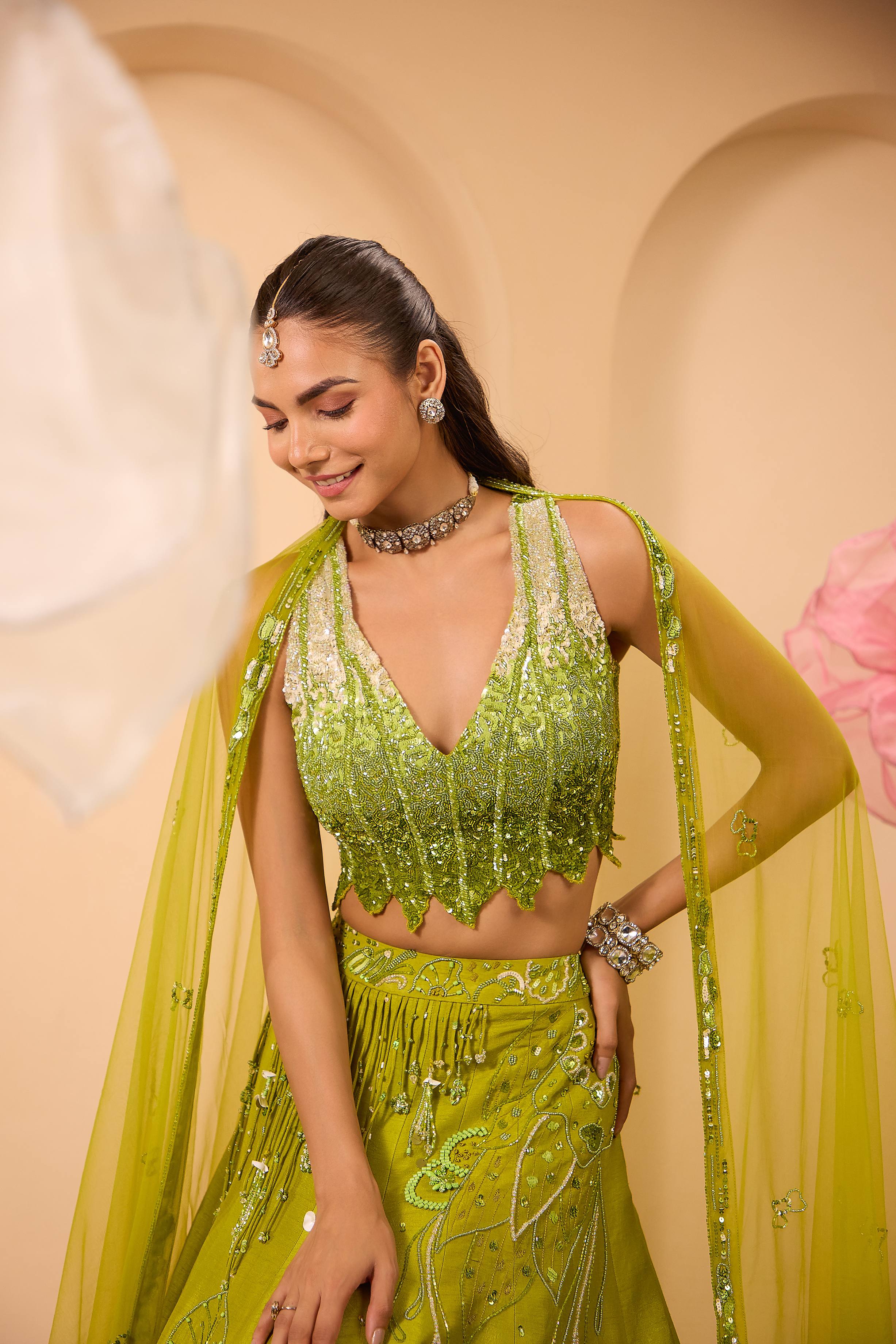 Hand Embroidered  V Neckline Blouse with Lehenga & Dupatta