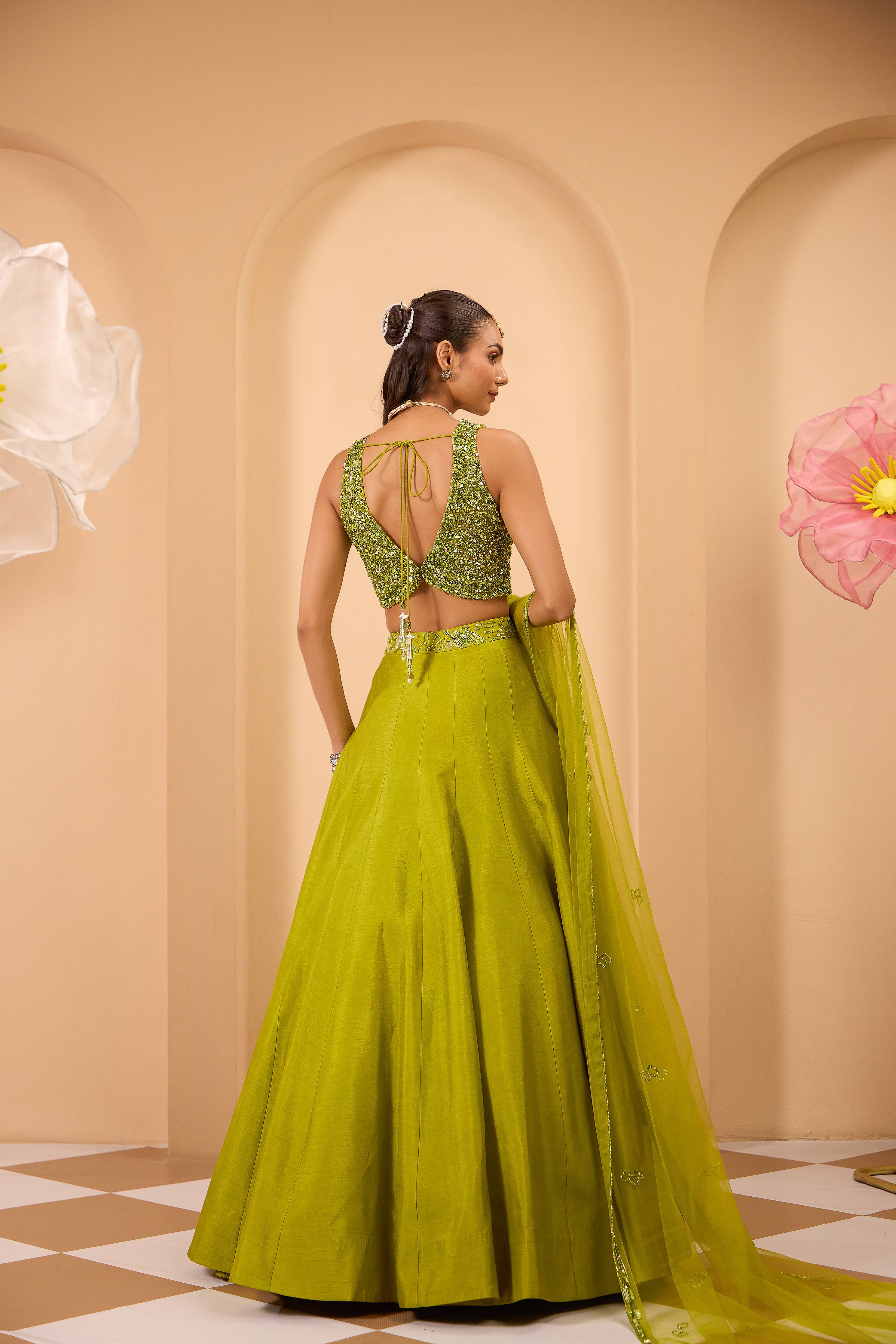 Hand Embroidered  V Neckline Blouse with Lehenga & Dupatta