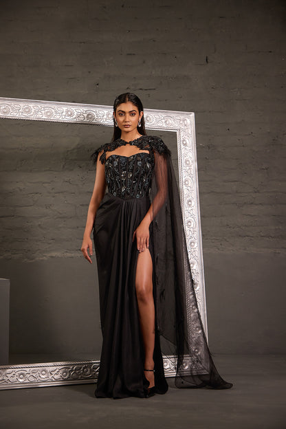 Metallic Corset Gown With Detachable Shoulder Cape