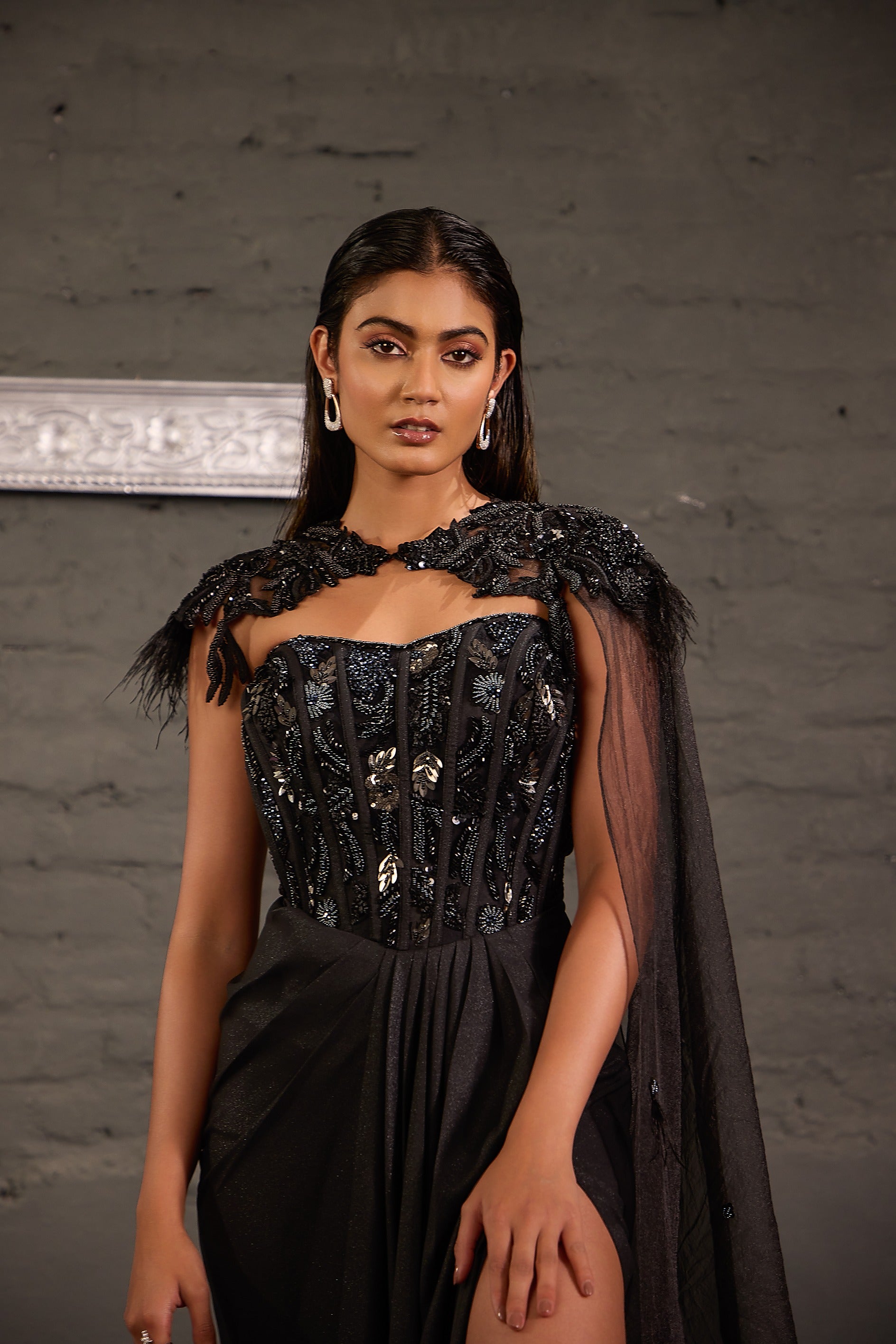Metallic Corset Gown With Detachable Shoulder Cape